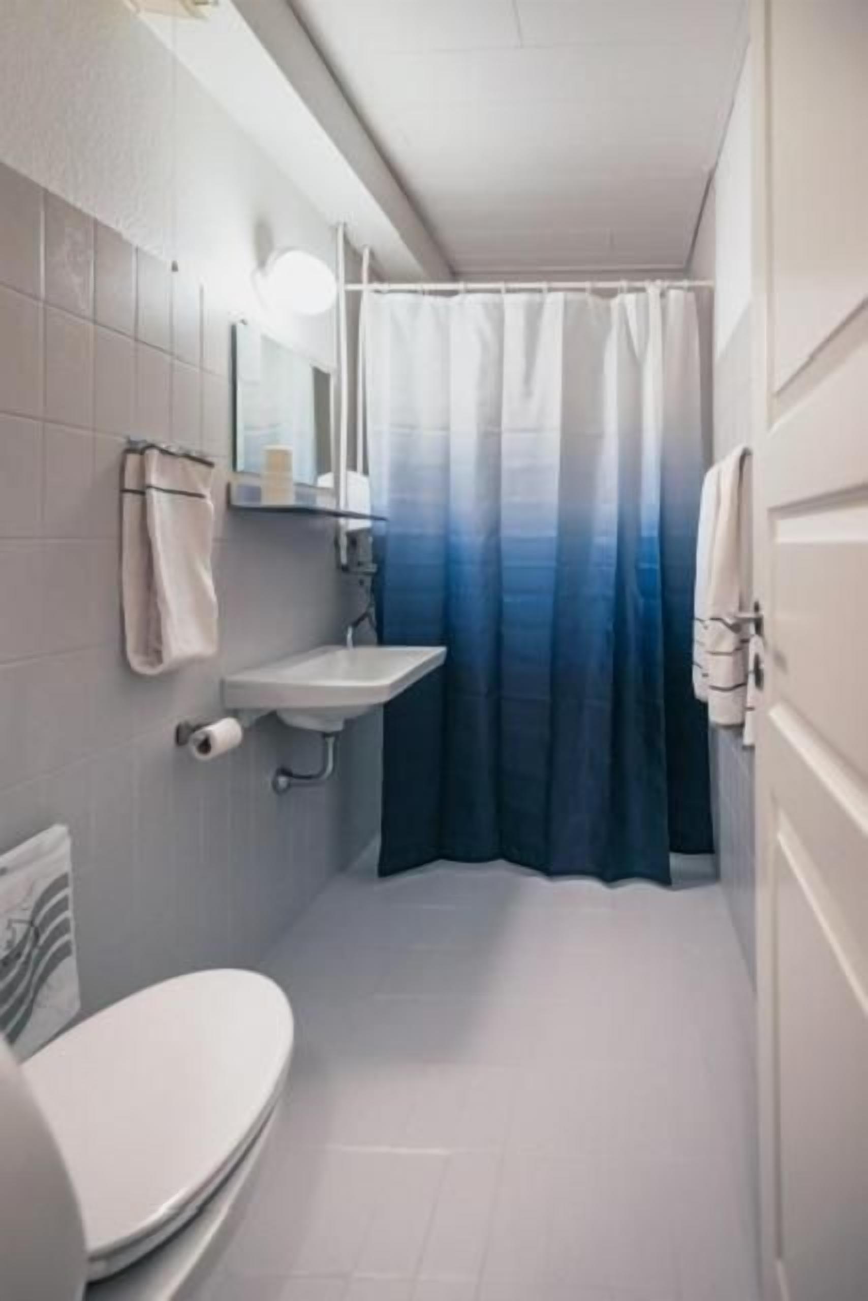 A small bathroom with a toilet, sink, and shower curtain.