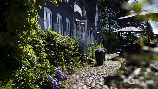 Un chemin pavé de pierres menant à un bâtiment à la façade sombre, un jardin avec des fleurs violettes et des sièges à l’extérieur.