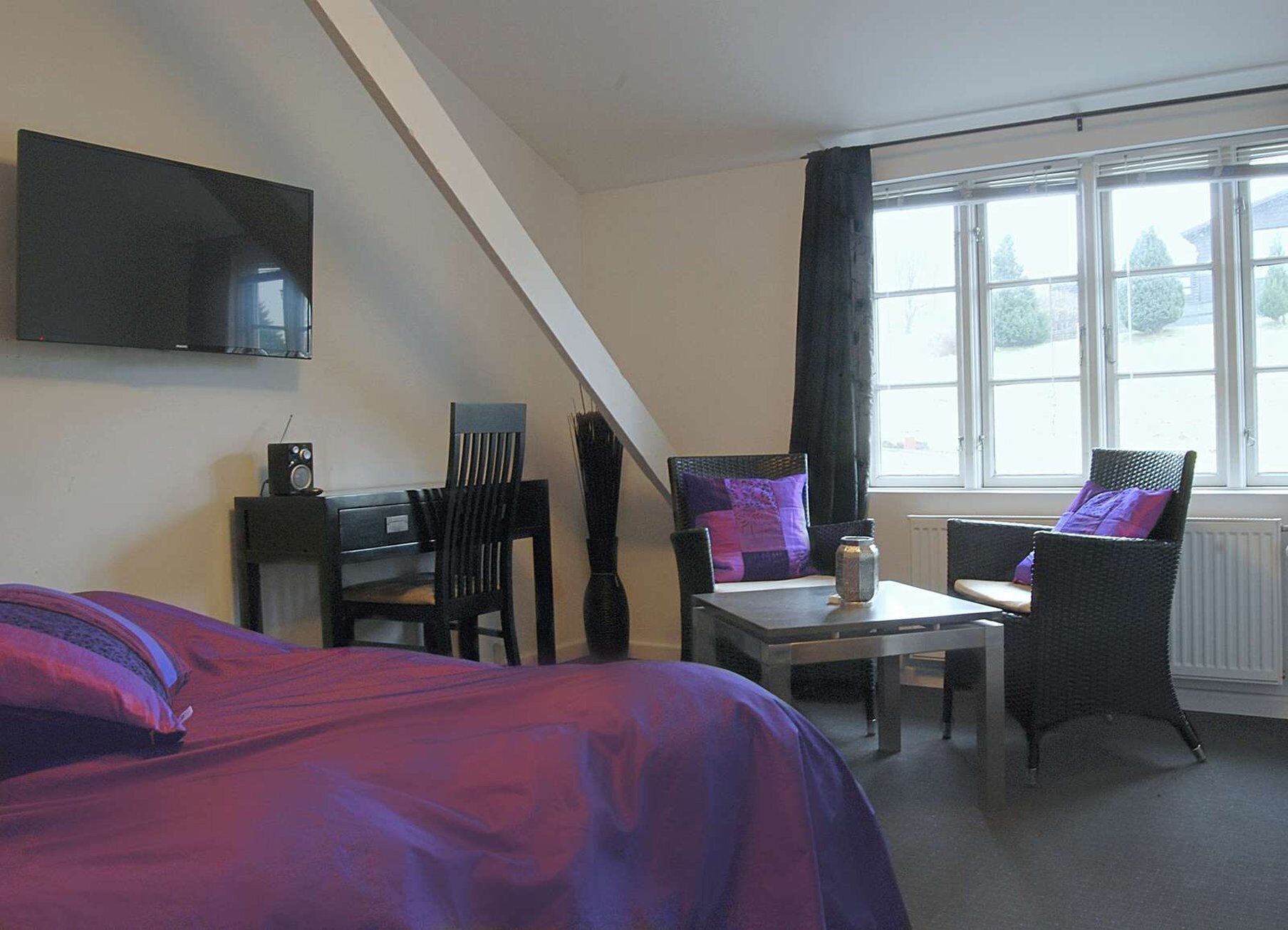 Een slaapkamer met een bed, een bureau, twee stoelen, een televisie en een raam met gordijnen.