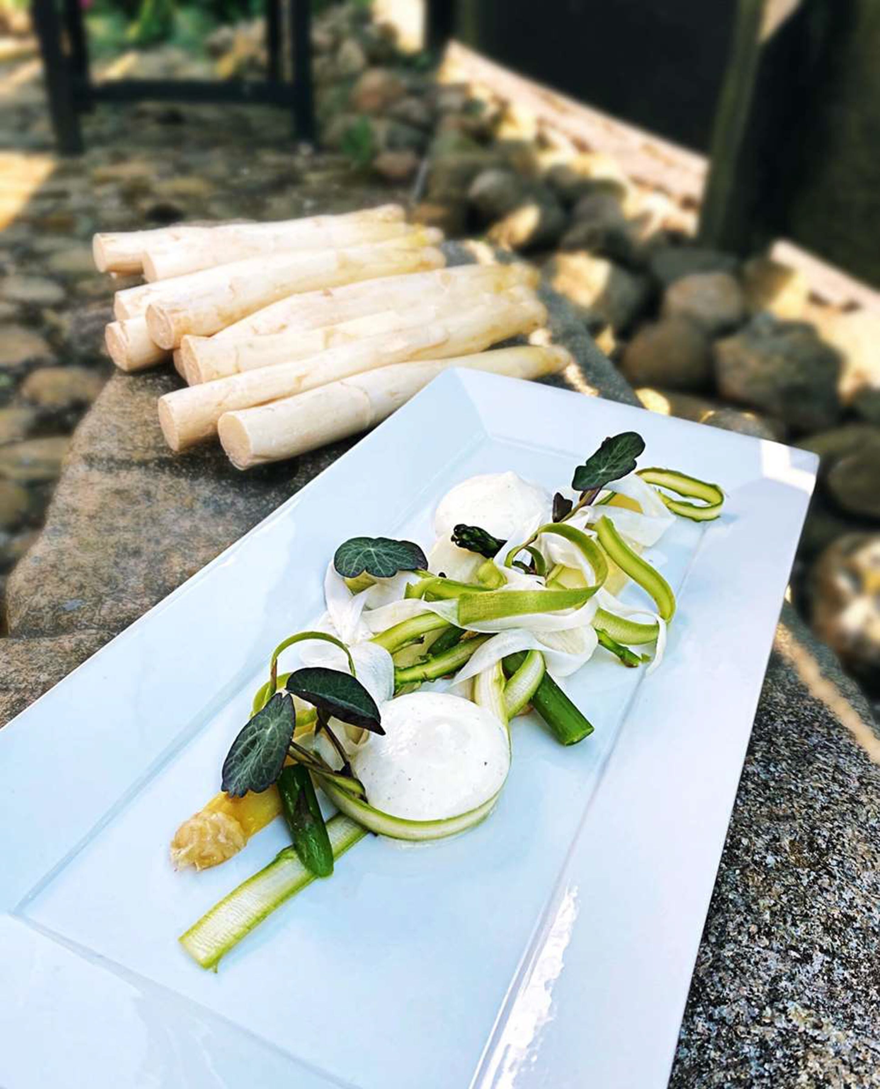 A rectangular white plate with a dish of sliced vegetables and a dollop of cream, set on a stone surface with a blurred outdoor background.