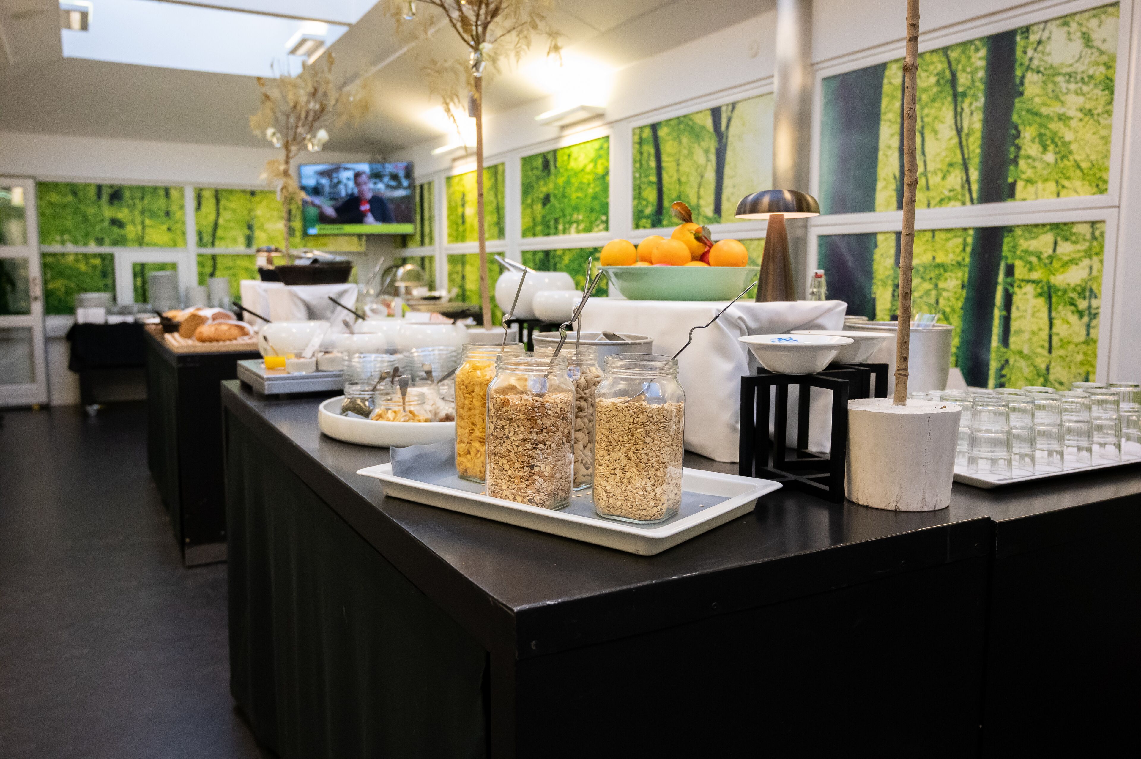 A buffet setup with various food items and containers, a television in the background, and a window with a forest view.