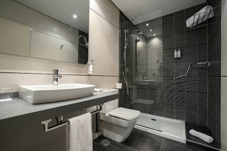 A modern bathroom with a large sink, toilet, and walk-in shower.. Sercotel Tudela Bardenas