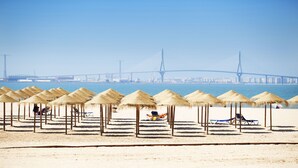 Uma praia com fileiras de guarda-sóis de palha e cadeiras de praia, uma ponte ao fundo e um céu limpo.