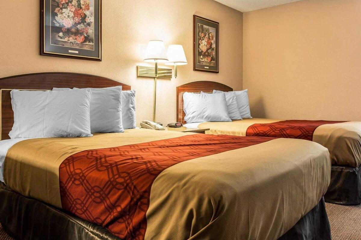 Hotellihuone, jossa on kaksi sänkyä, yöpöytä, lamppu ja kaksi kehystettyä kukka-aiheista taulua seinällä.
