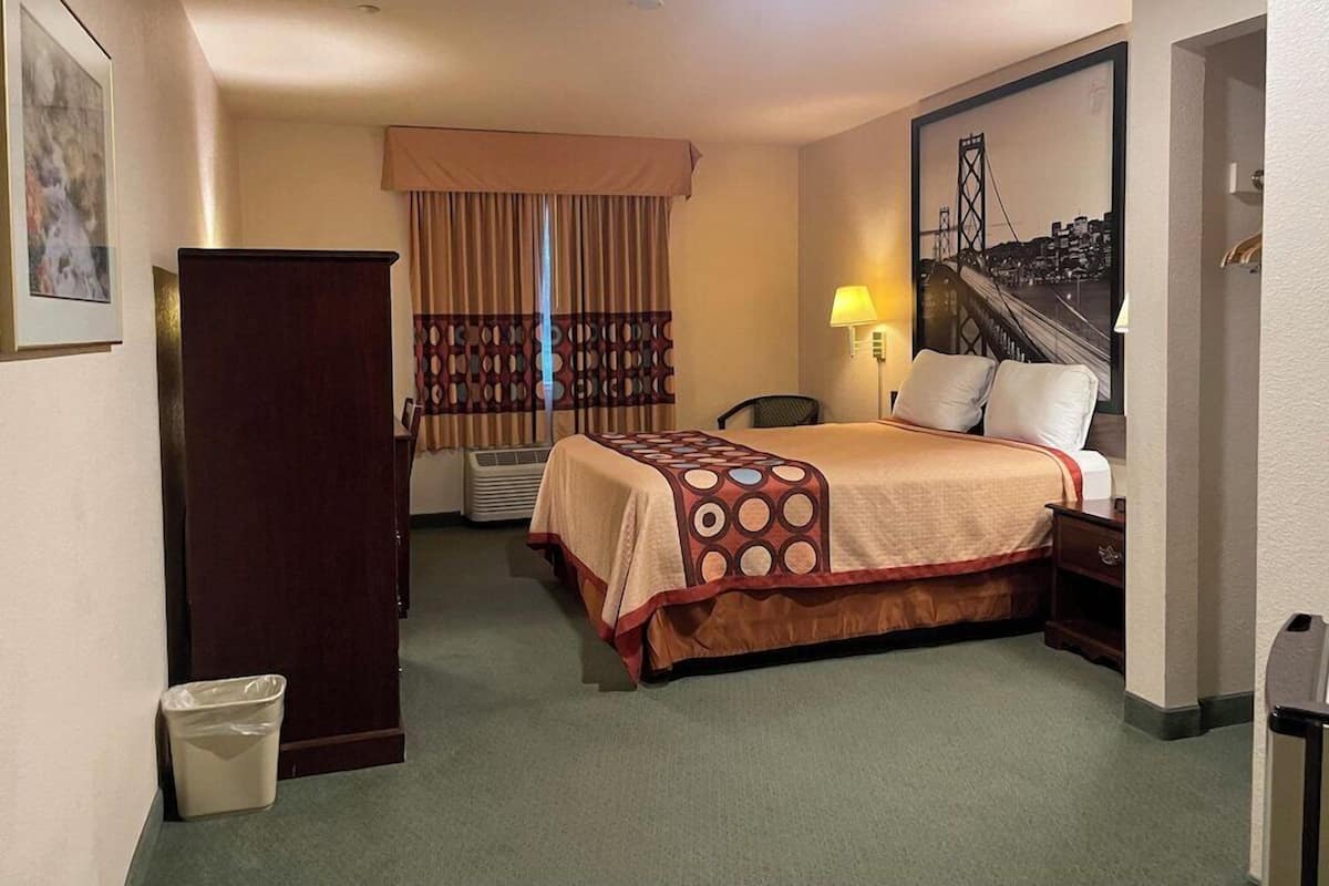 A hotel room with a bed, a desk, a chair, a waste bin, a lamp, and a picture on the wall.