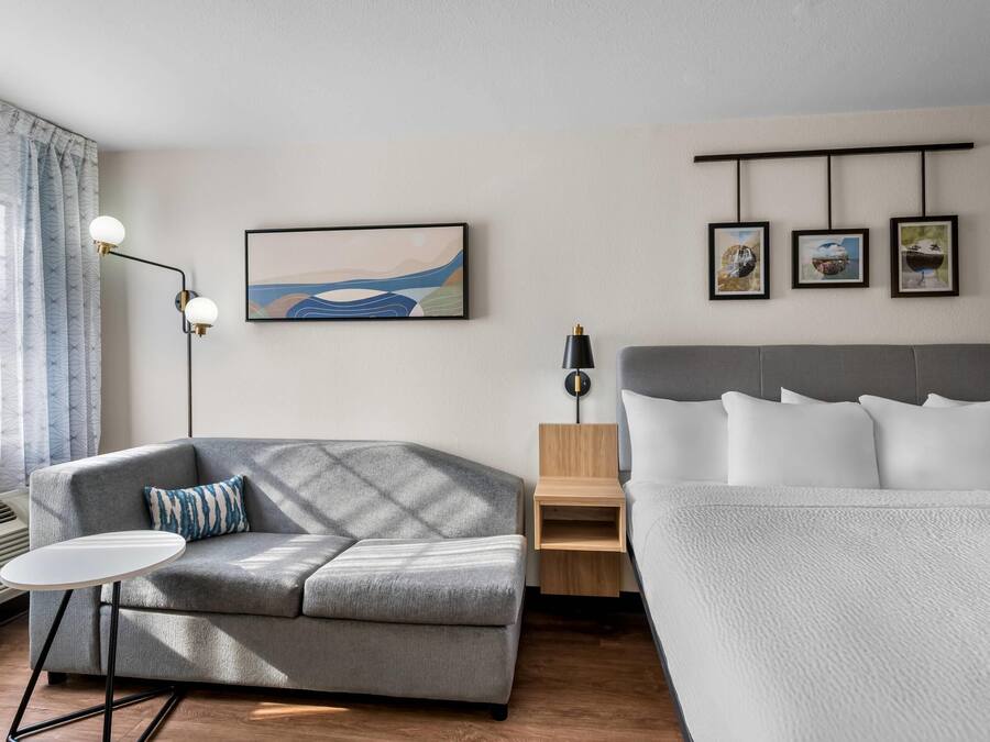 A modern hotel room with a grey sofa, a small round table, a bed with white bedding, a wall-mounted artwork, and a bedside table with a lamp.