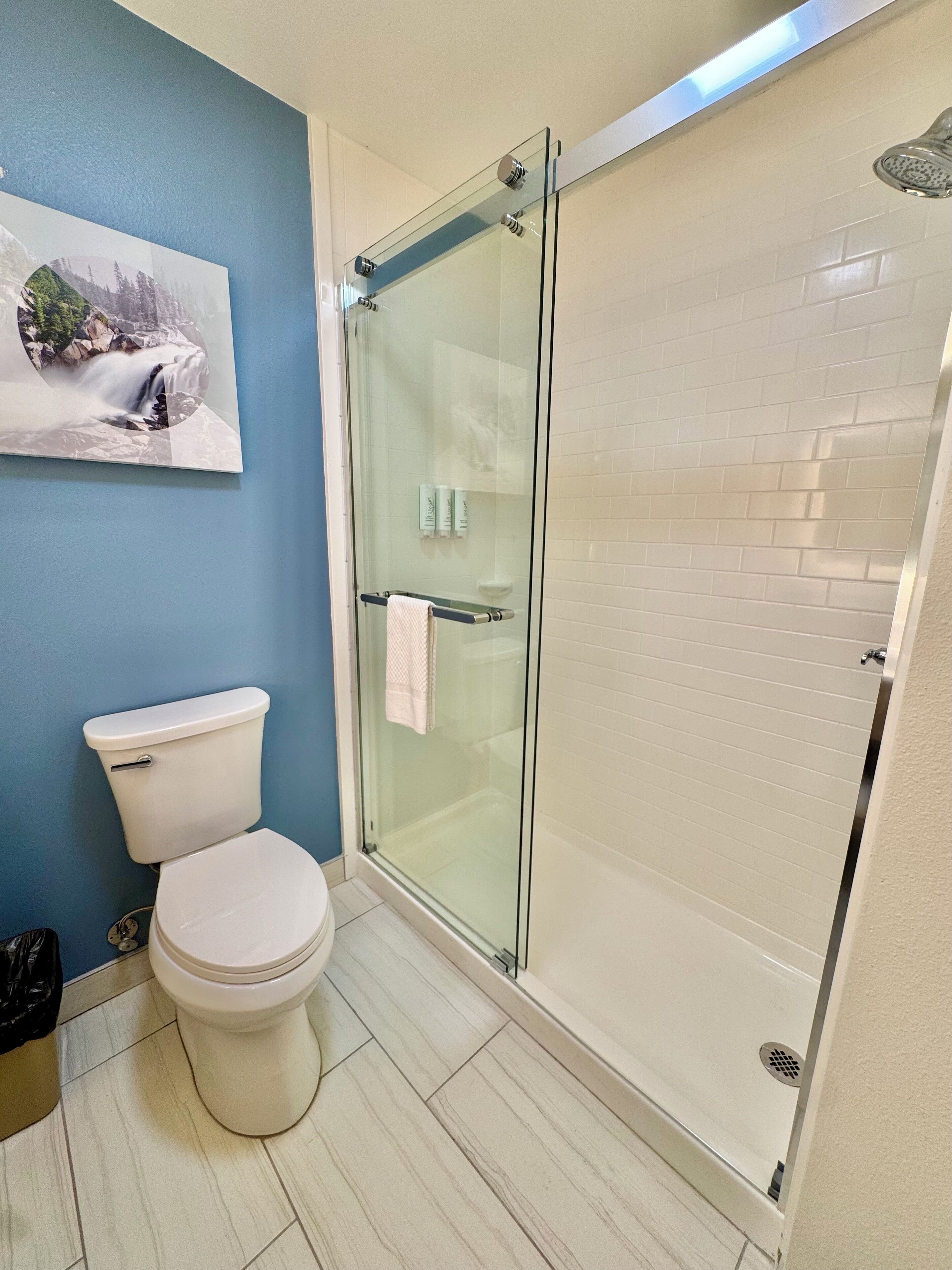 A bathroom with a glass-enclosed shower, a toilet, and a sink.