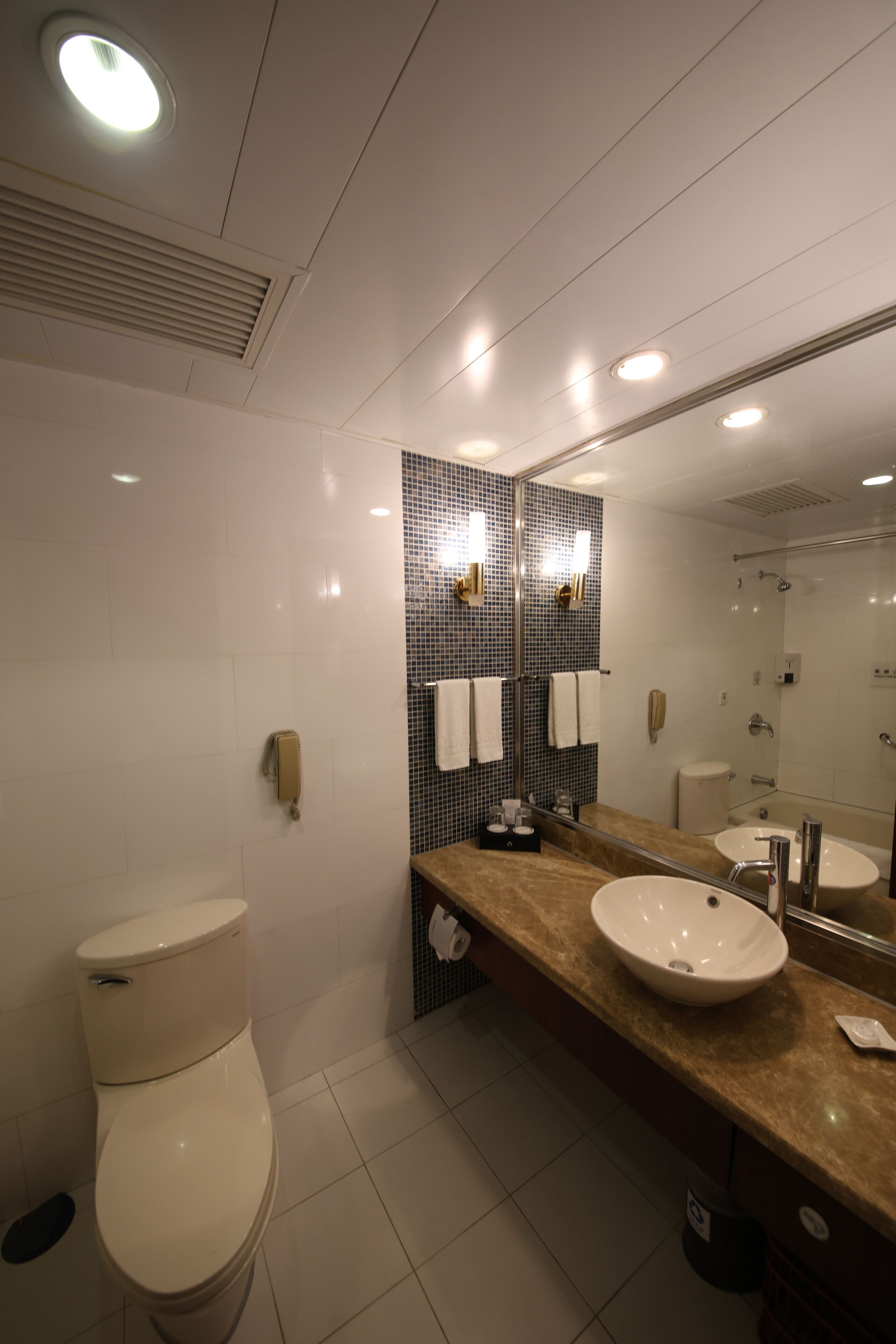 A modern bathroom with a toilet, a sink, and a shower.