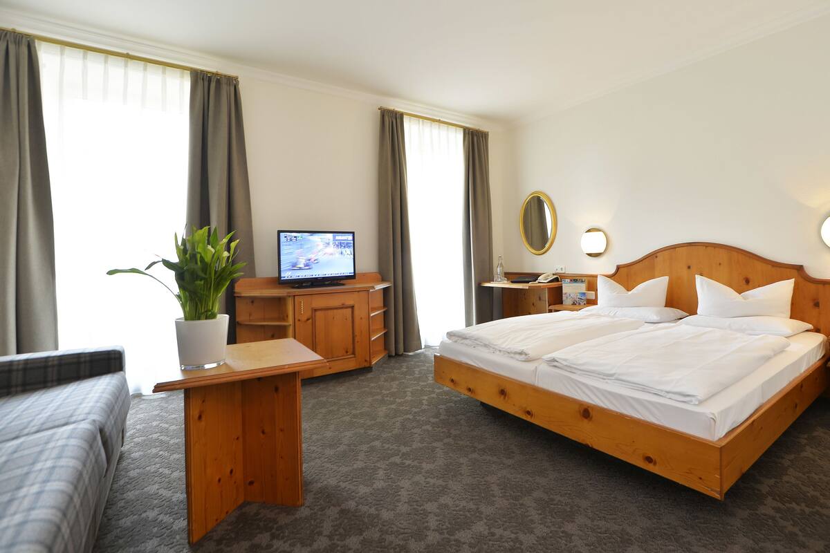 Habitación de hotel con una cama grande, un escritorio con televisor, una mesita con planta y una mesita de noche con lámpara.