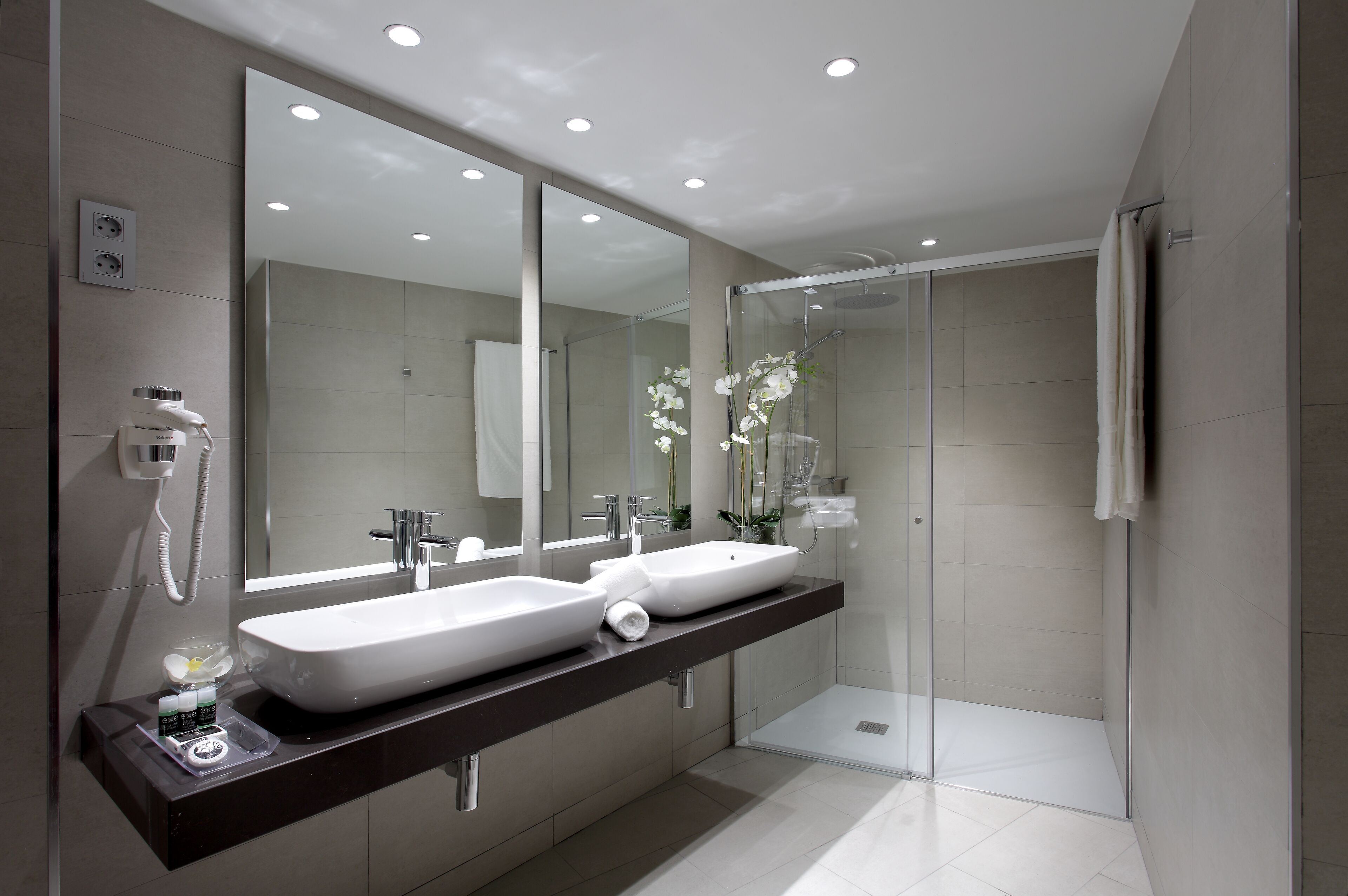 eco-friendly toiletries, hair dryer, towels