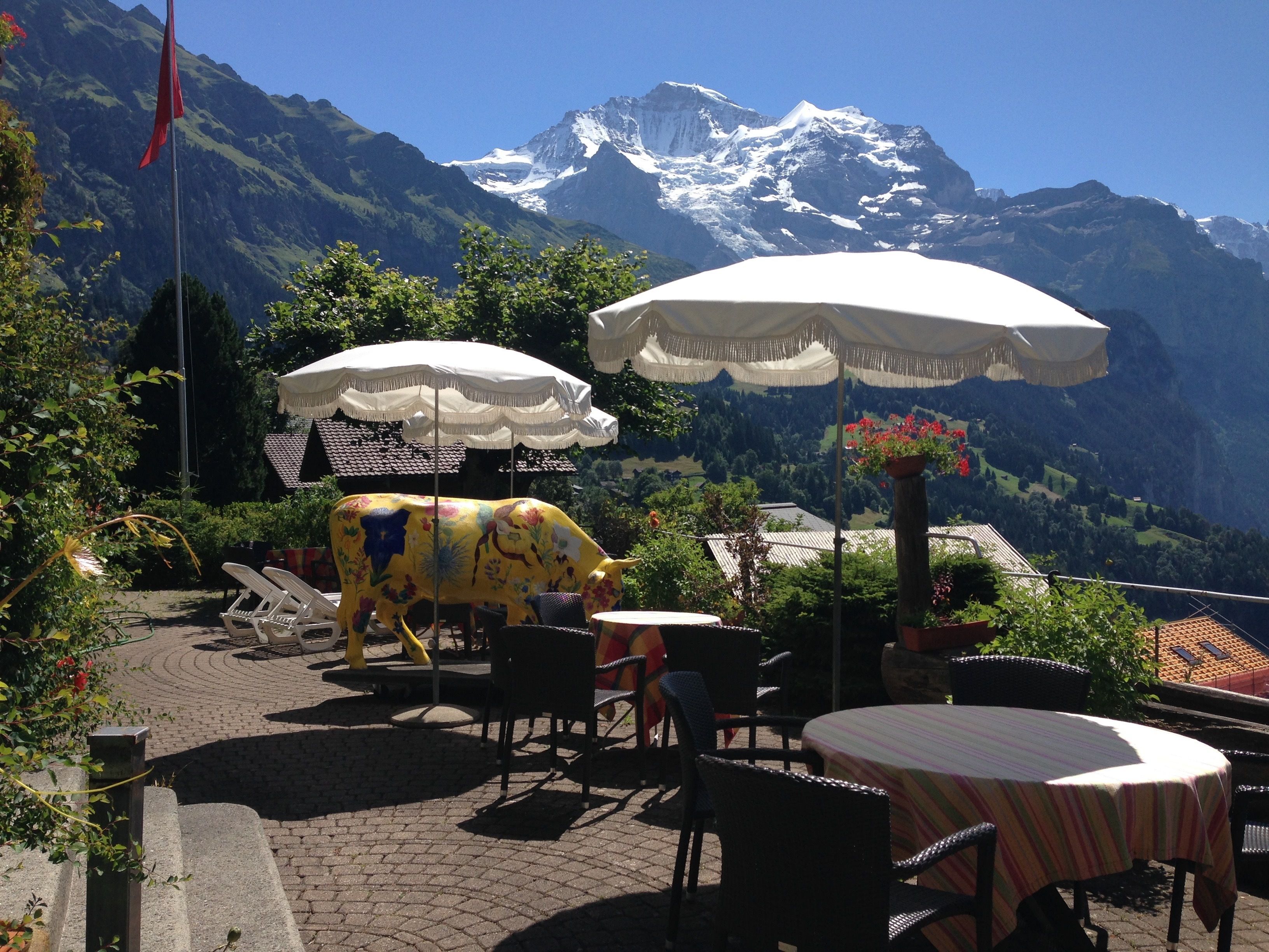 A patio with outdoor seating, a decorative cow sculpture, and a mountain view.