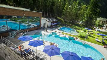Indoor pool, outdoor pool, sun loungers
