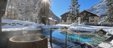 Indoor pool, outdoor pool, sun loungers