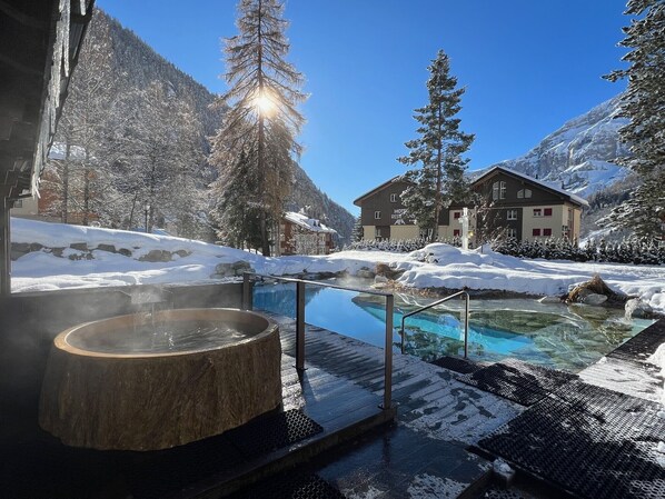 Indoor pool, outdoor pool, sun loungers