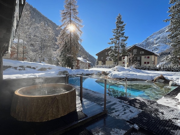 Indoor pool, outdoor pool, sun loungers