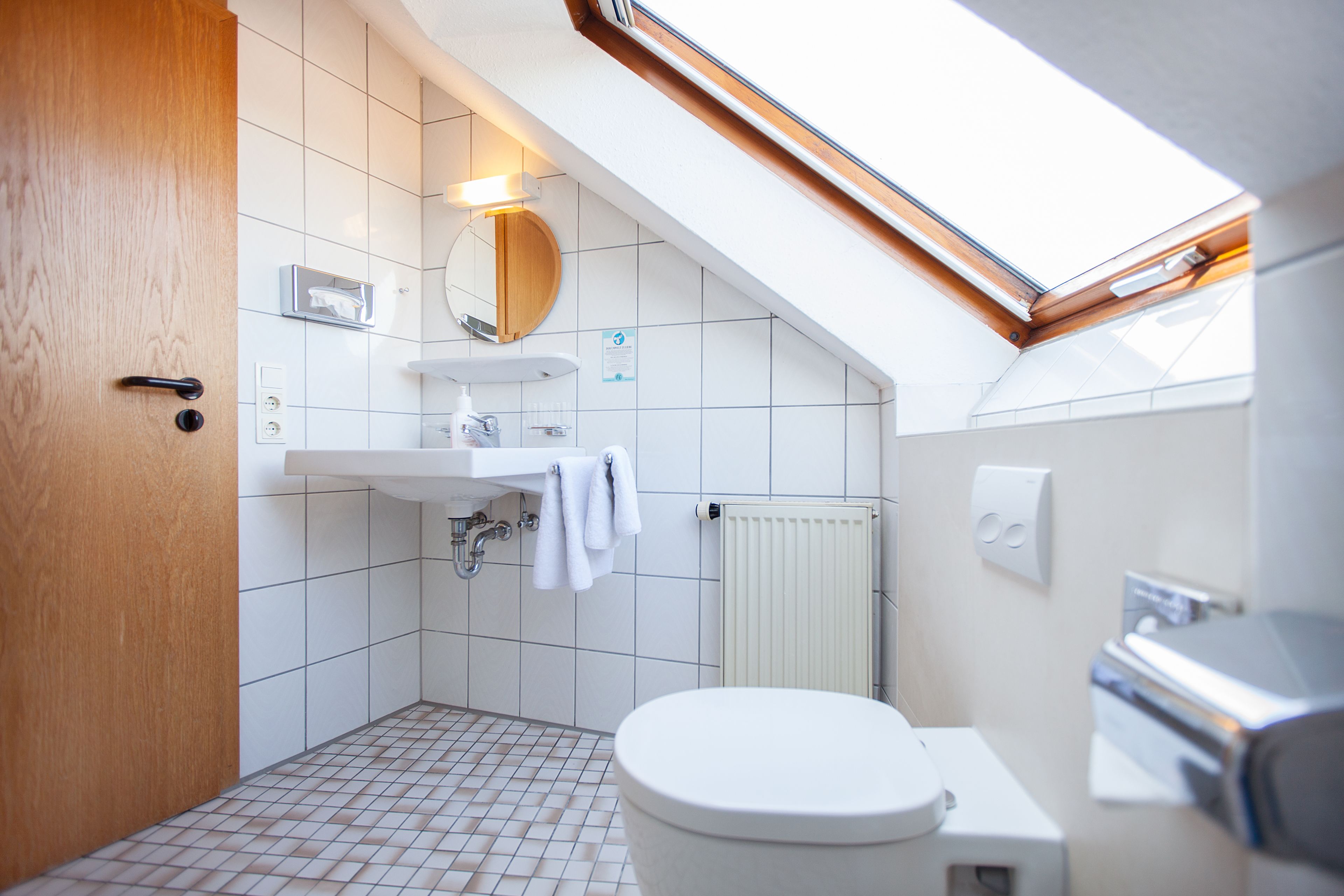 A modern bathroom with a skylight, a wooden door, a white sink, and a toilet.