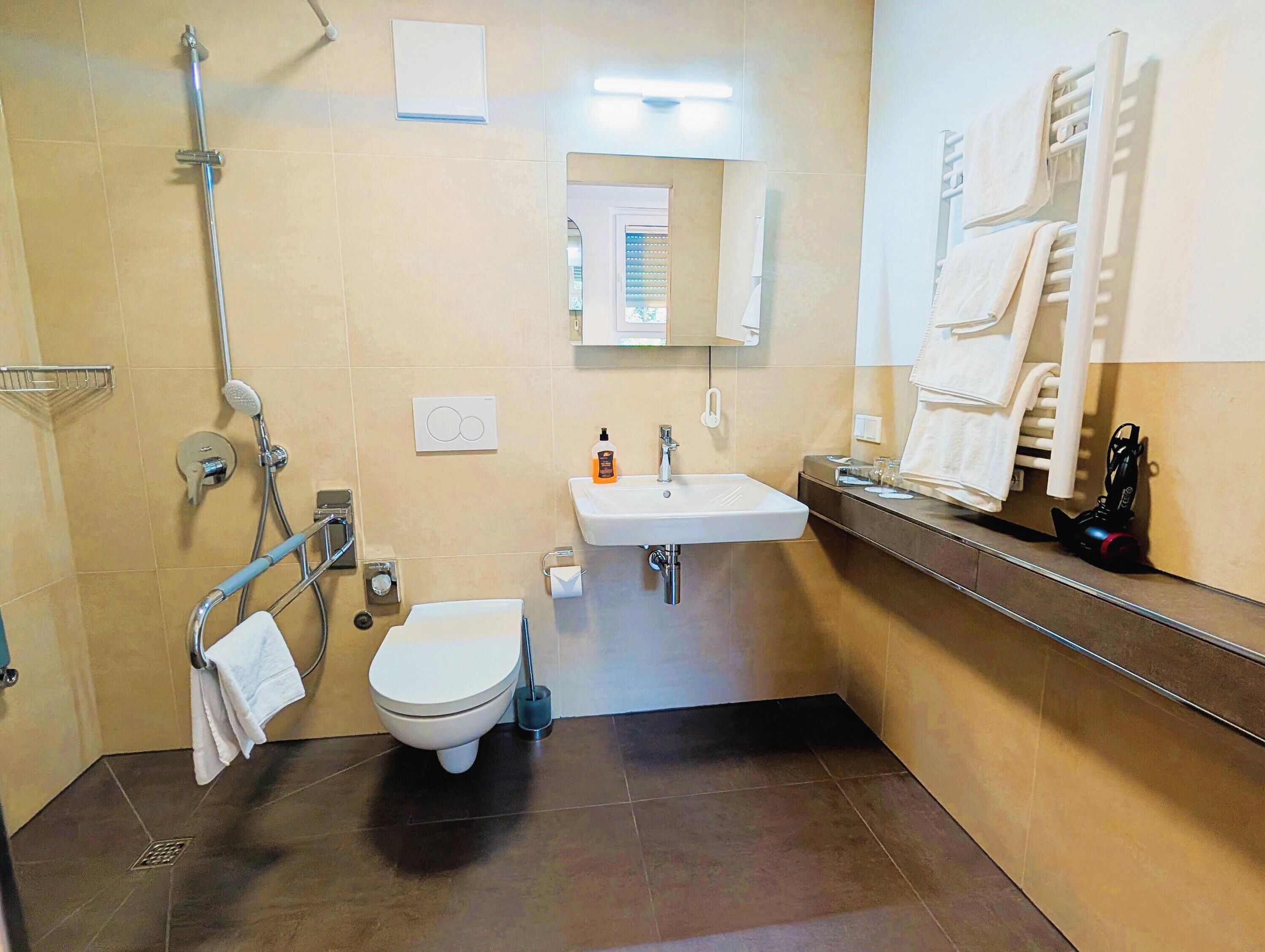Ein Badezimmer mit Toilette, Waschbecken und Dusche.