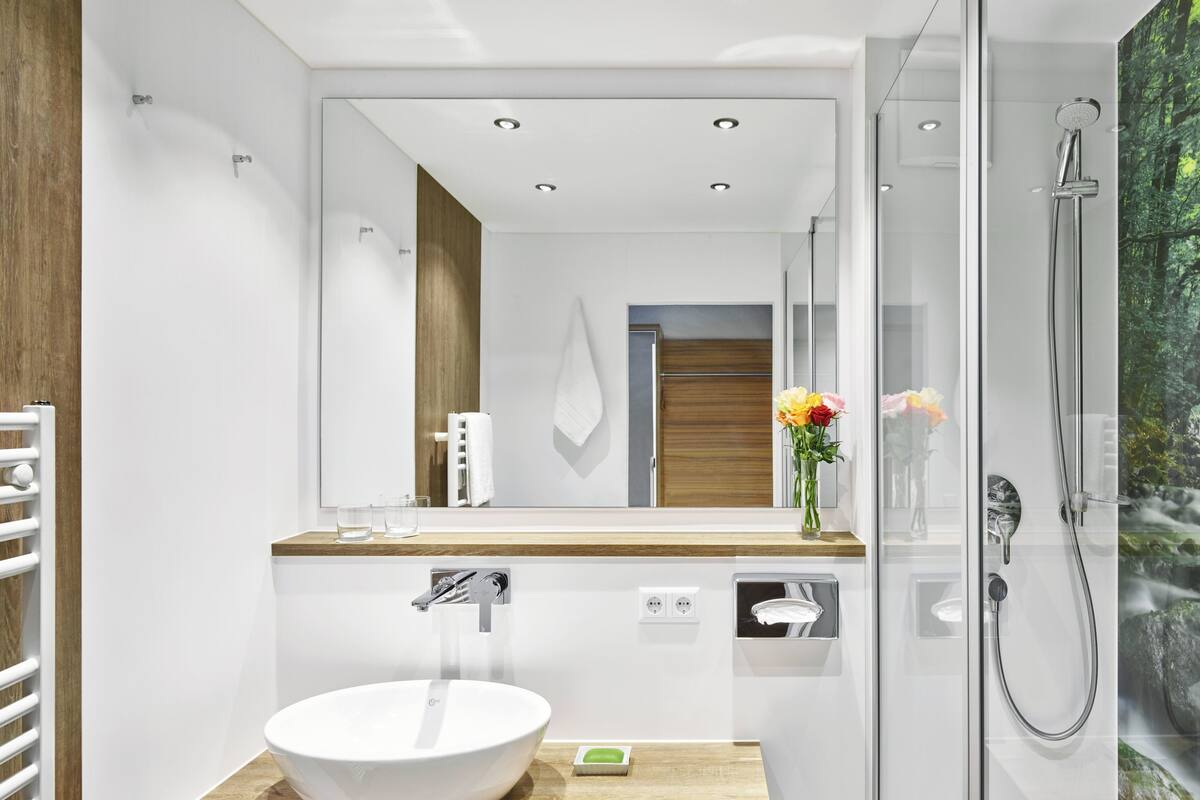 shower, free toiletries, hair dryer, towels