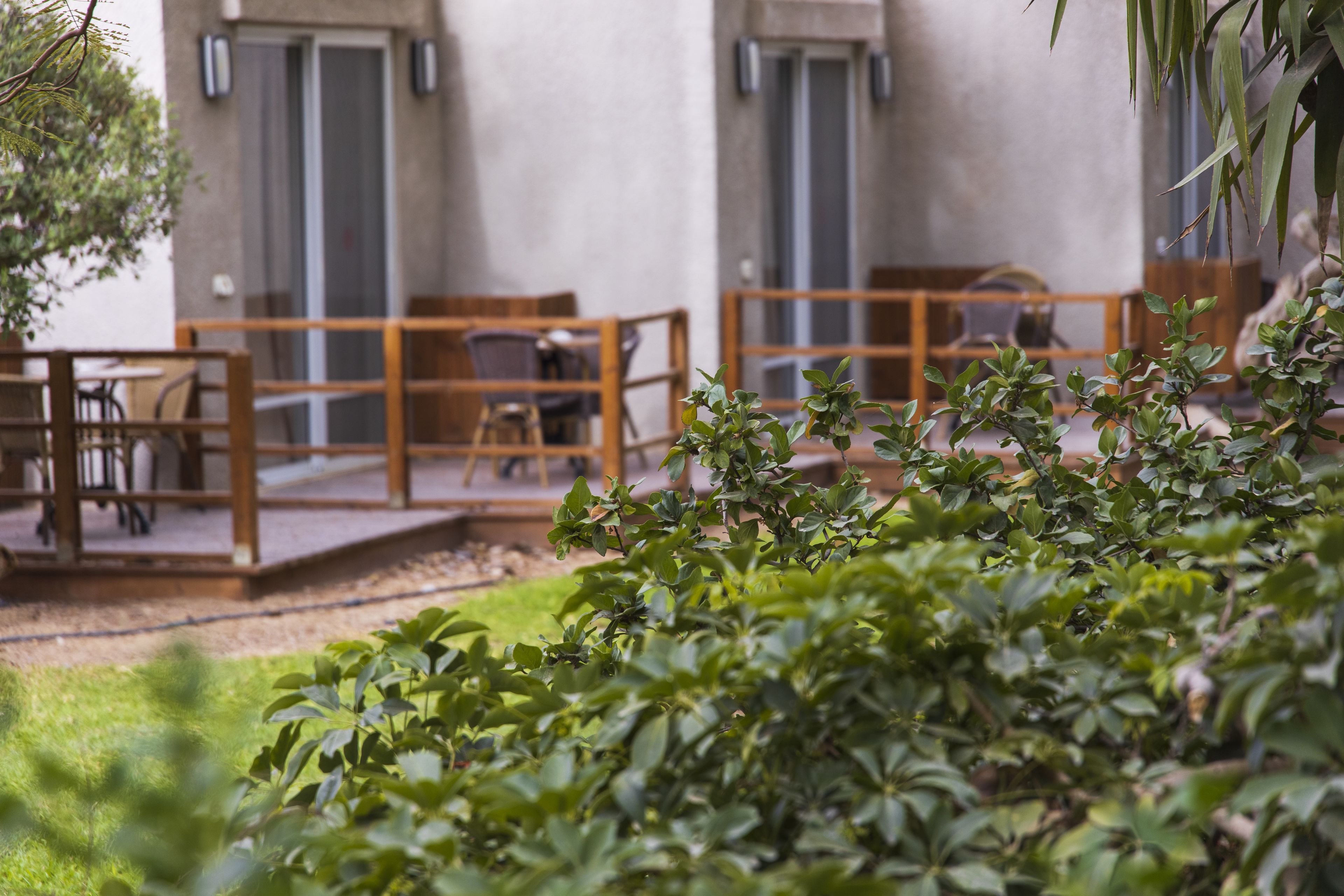 An outdoor seating area with wooden furniture and a view of a building with large windows.