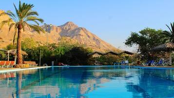 Una piscina azul cristalina con montañas al fondo, palmeras y sillas de descanso.