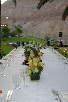 Una larga mesa de comedor preparada para una comida con montañas al fondo.