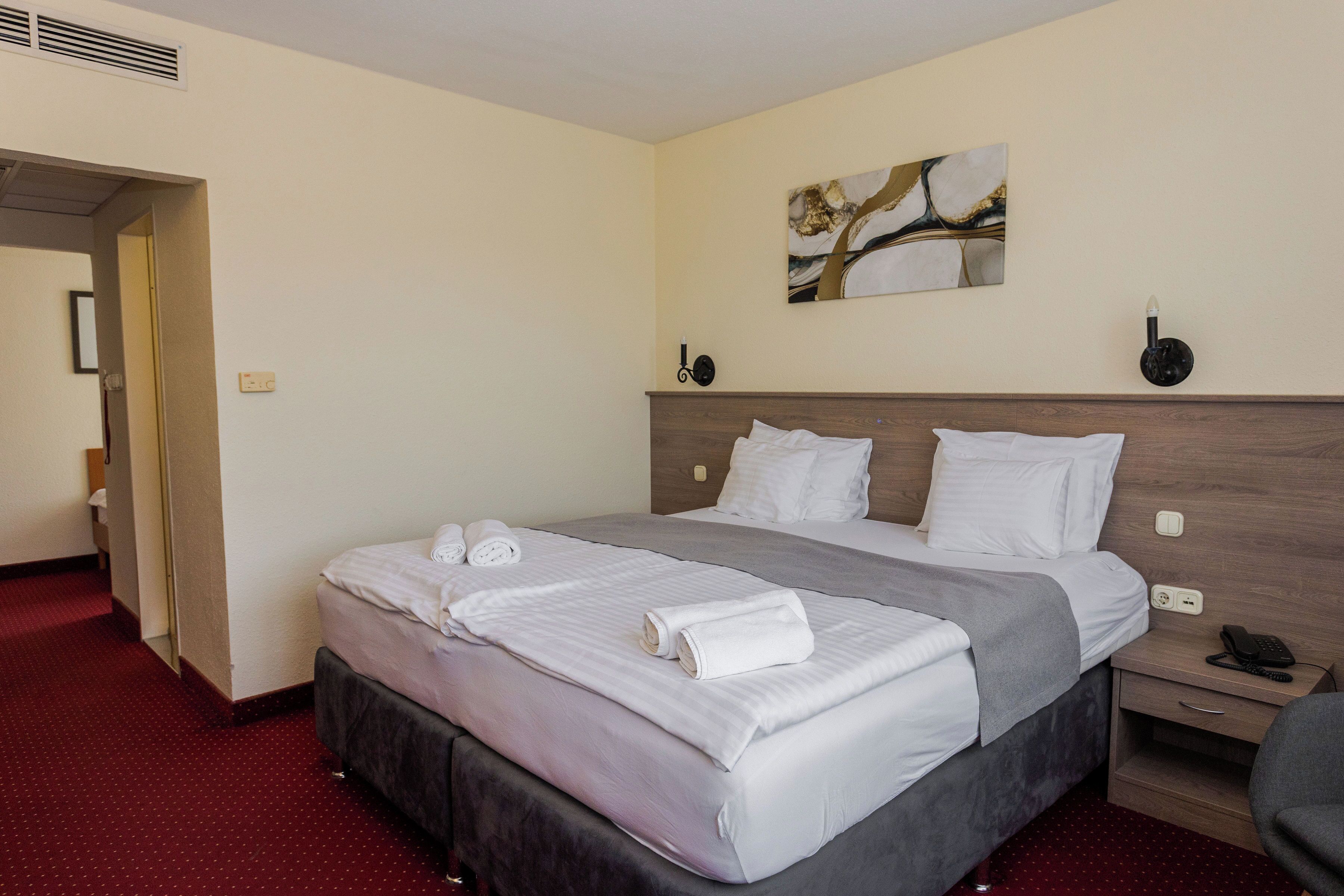 Habitación de hotel con una cama grande, una mesita de noche con teléfono, una lámpara de pared y un cuadro.