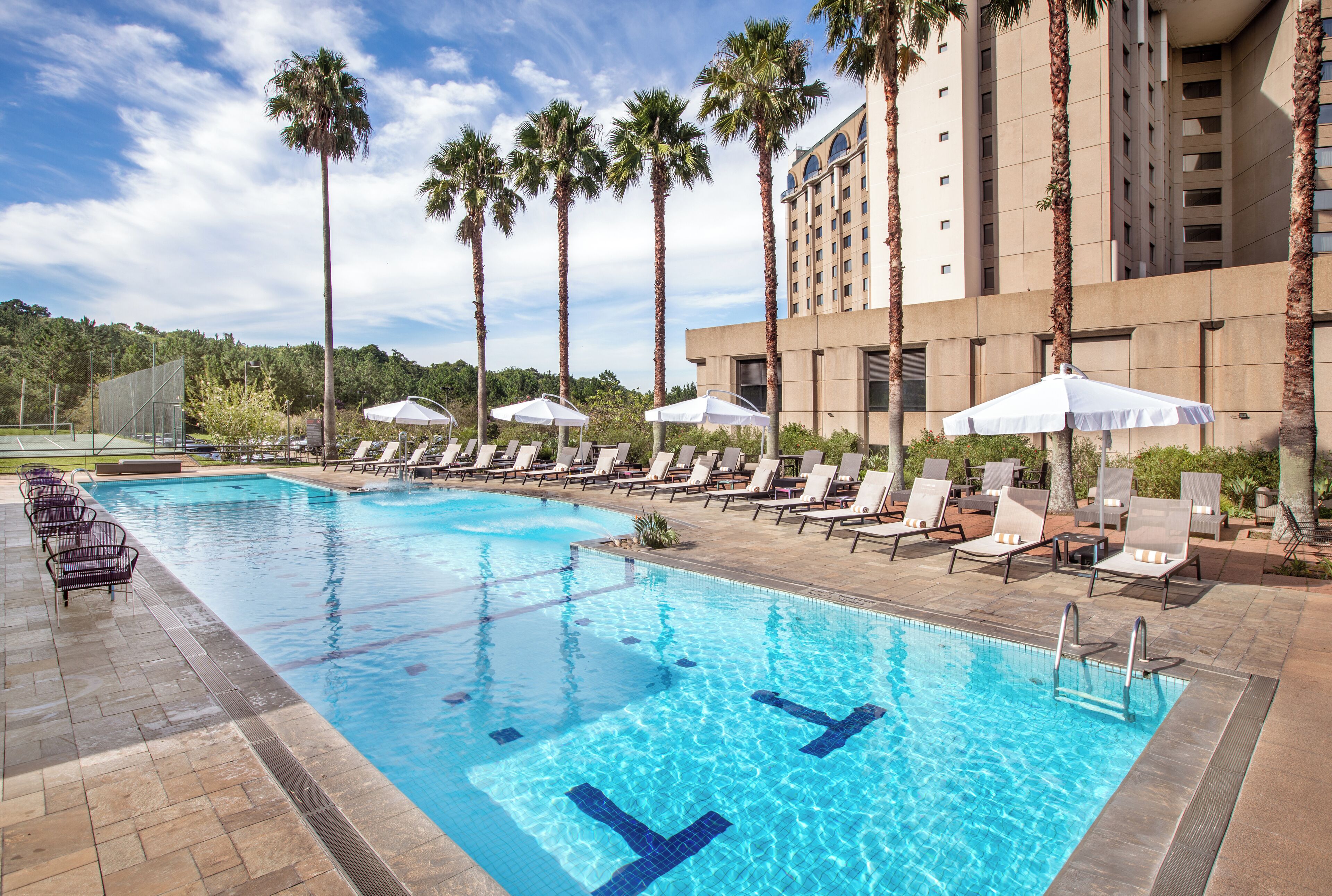 室外游泳池，池畔遮阳伞，日光浴躺椅