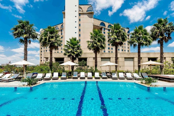 Outdoor pool, pool umbrellas, sun loungers