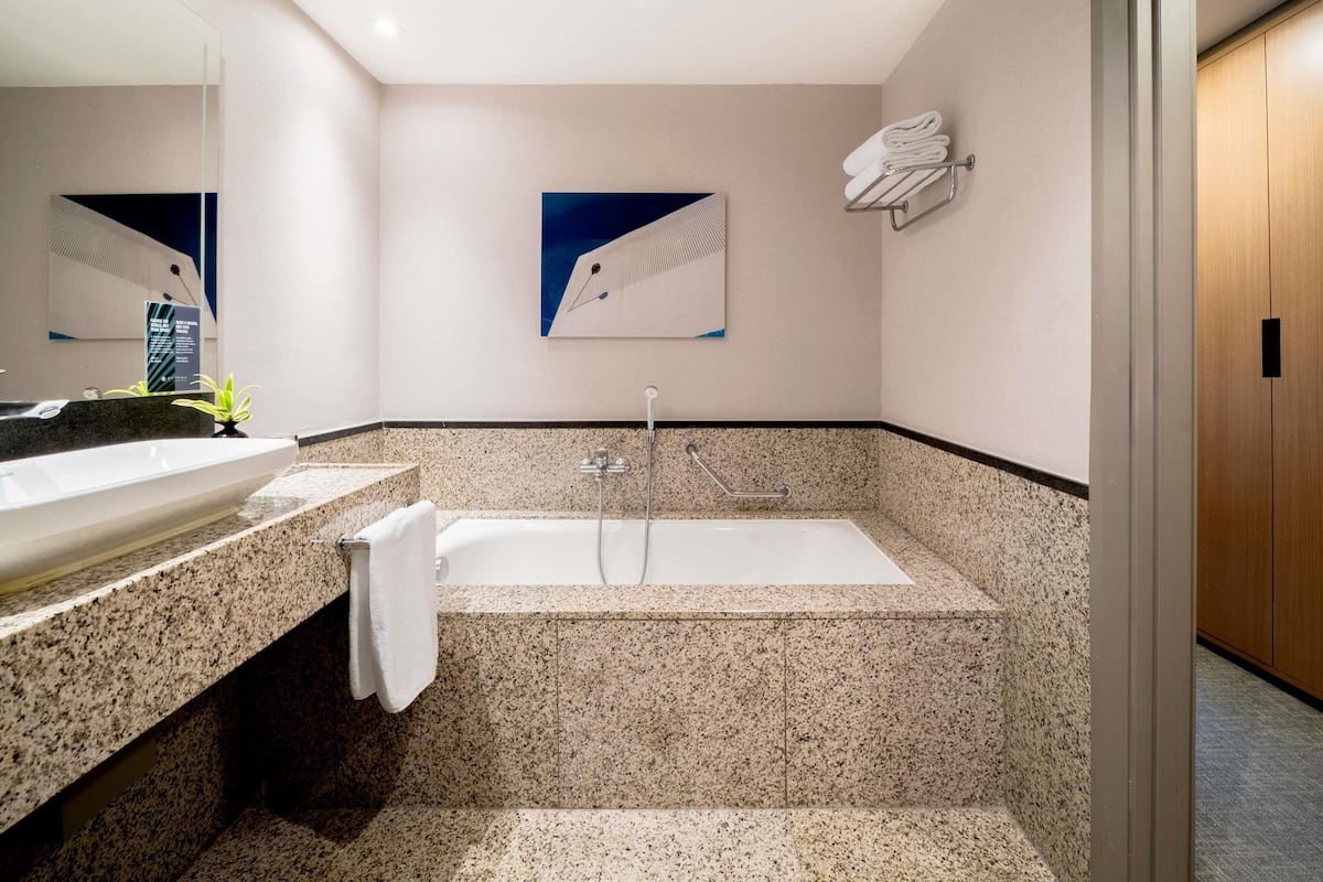 Eco-friendly toiletries, hair dryer, towels, soap