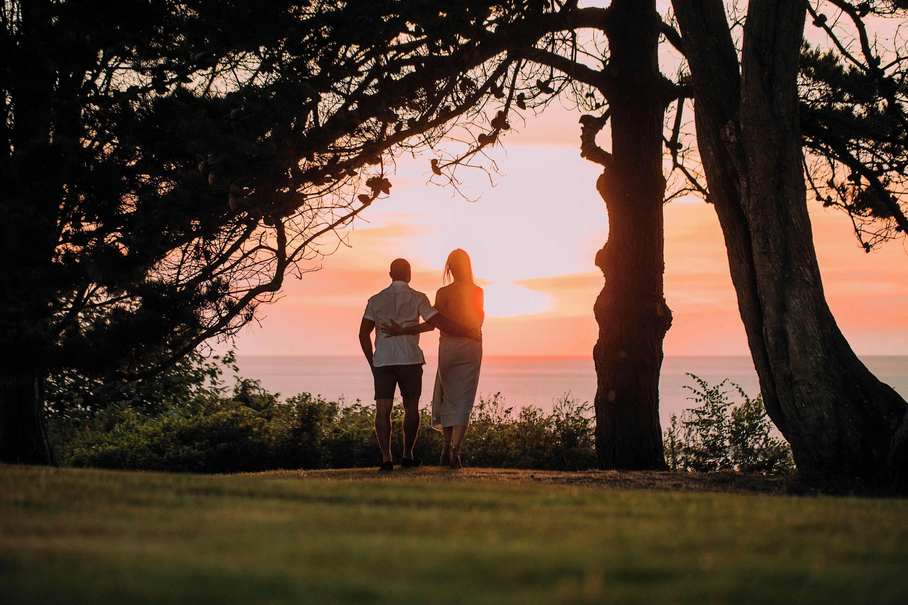 A couple standing under a tree with a sunset view.