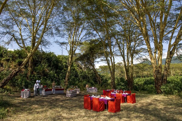 Un área de comedor al aire libre con mesas preparadas para una comida, rodeada de árboles y vegetación.