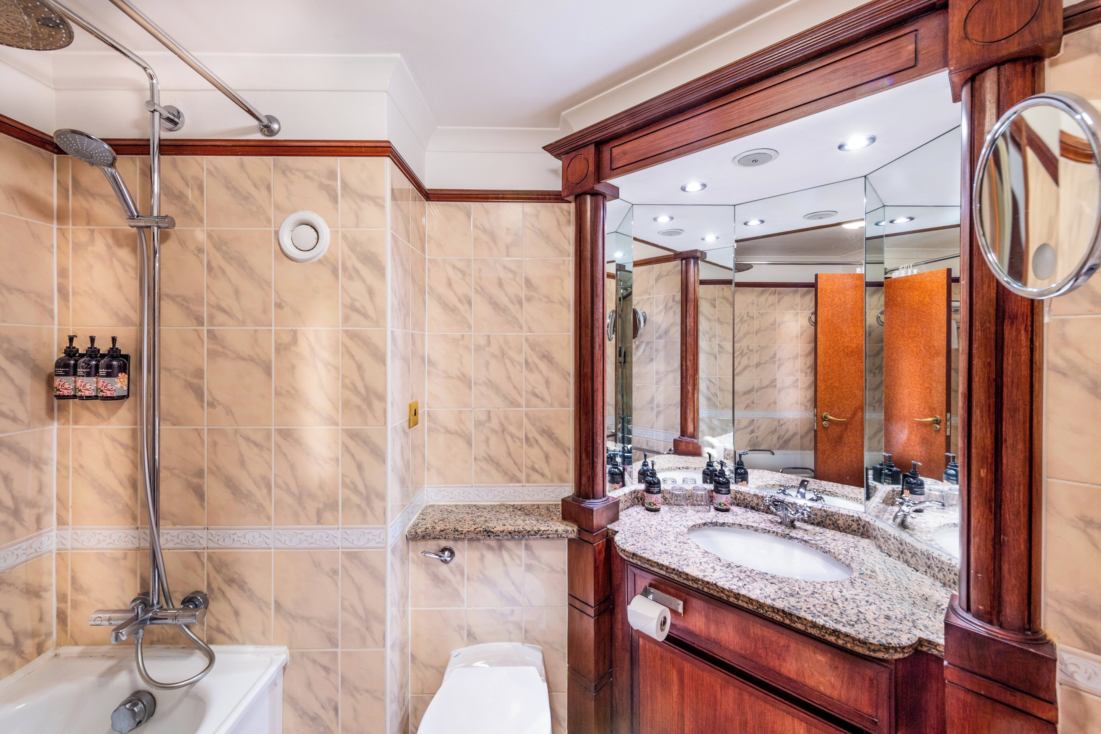 Combined shower/bathtub, free toiletries, hair dryer, towels