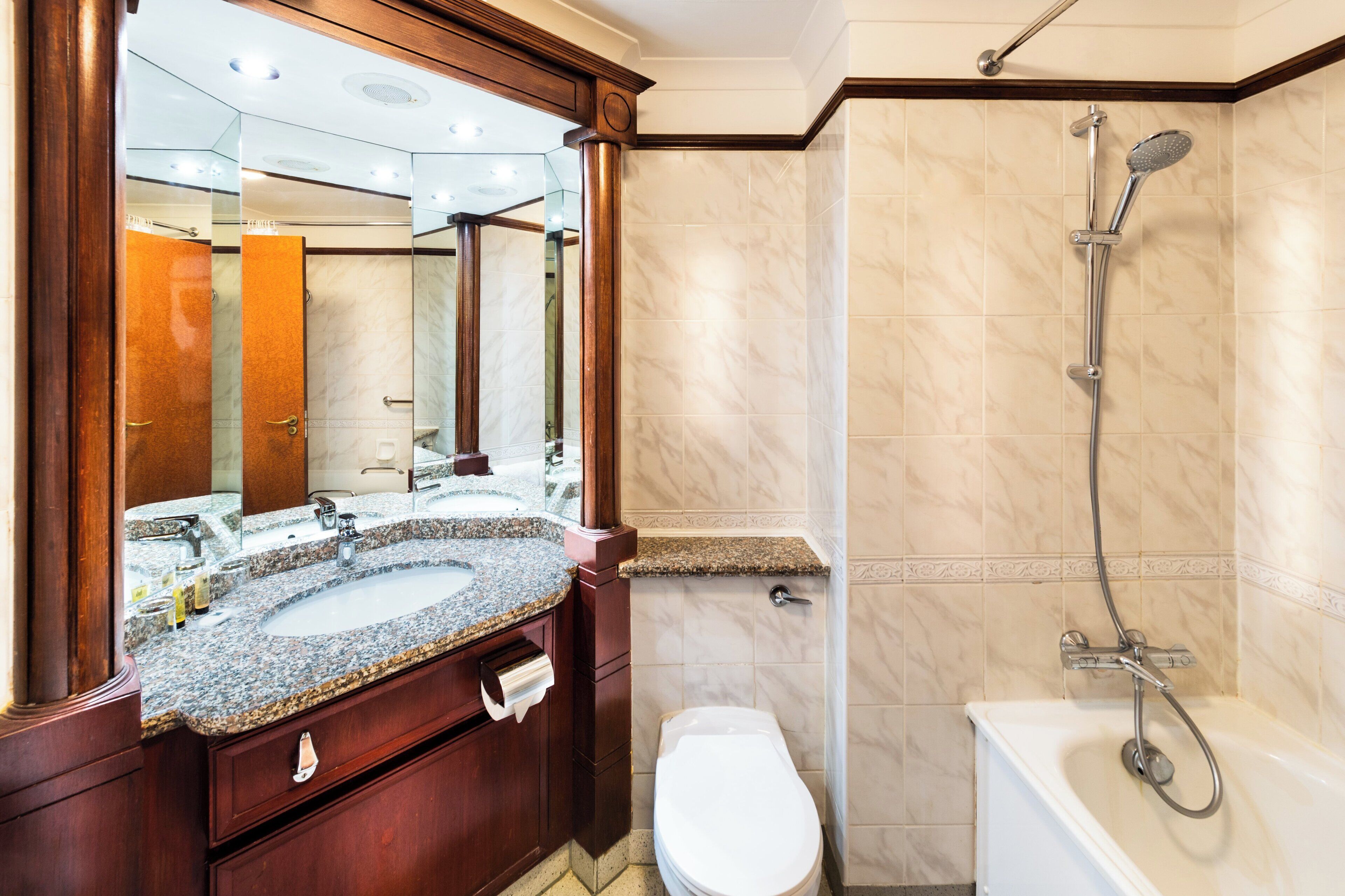 A bathroom with a marble sink, a large mirror, a toilet, and a shower area.