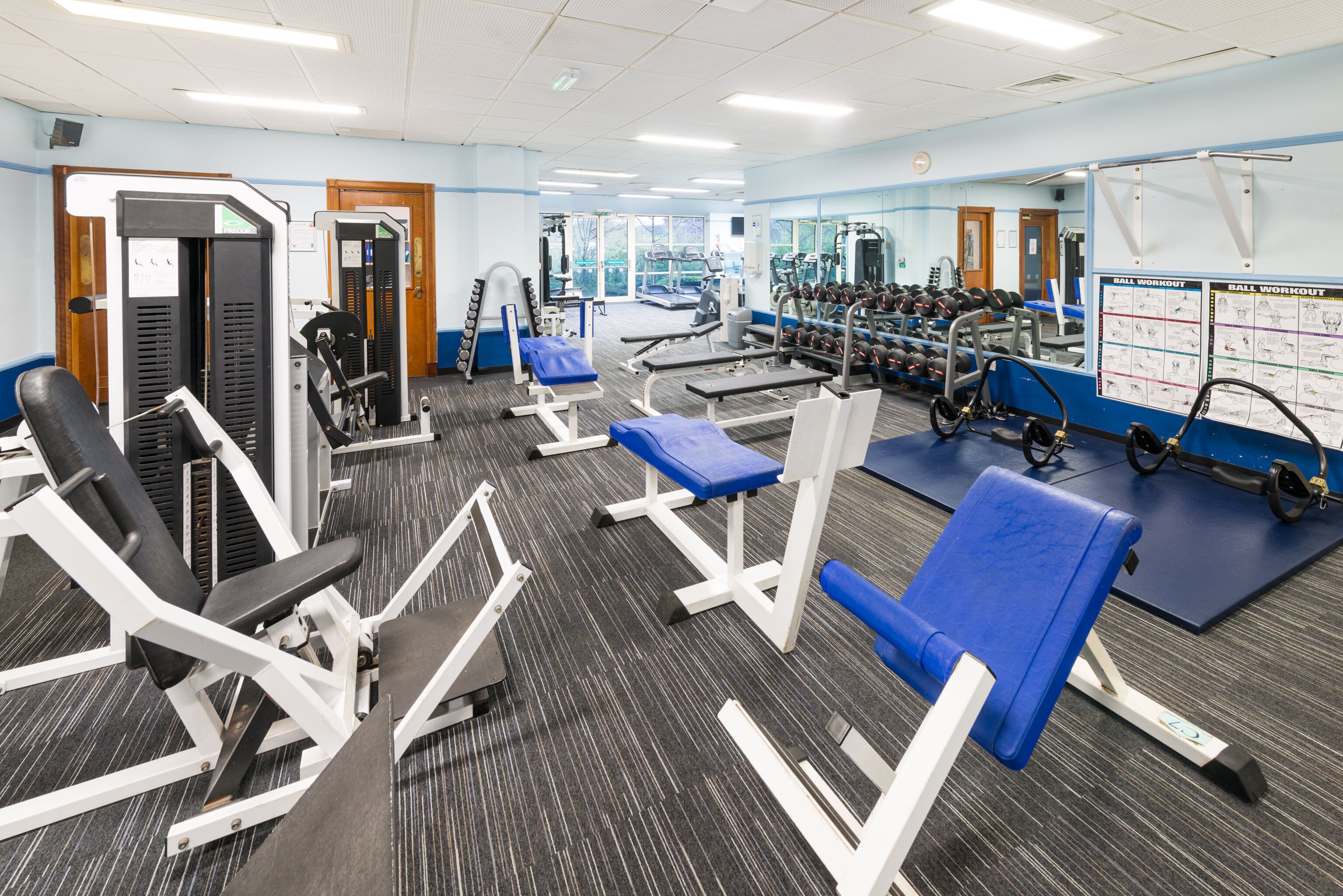 A gym with various exercise equipment, including weight machines and free weights.