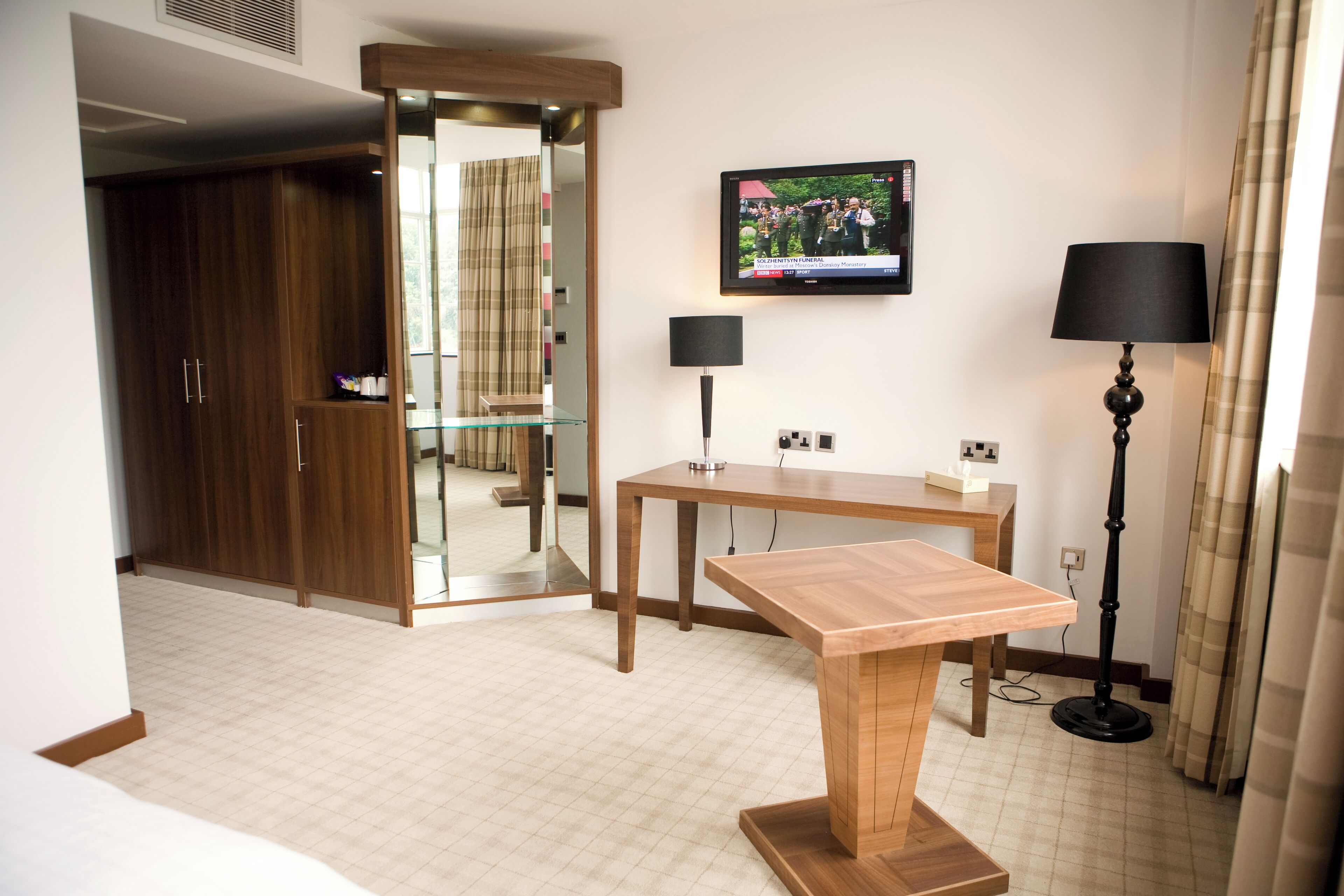 hypo-allergenic bedding, desk, blackout curtains, iron/ironing board