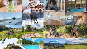 A variety of scenes including a horse, a swimming pool, a castle, and a person on a swing. - Gutshof Hotel Waldknechtshof (Baiersbronn)