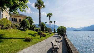 A lakeside walkway with benches, palm trees, and a building with arched windows.