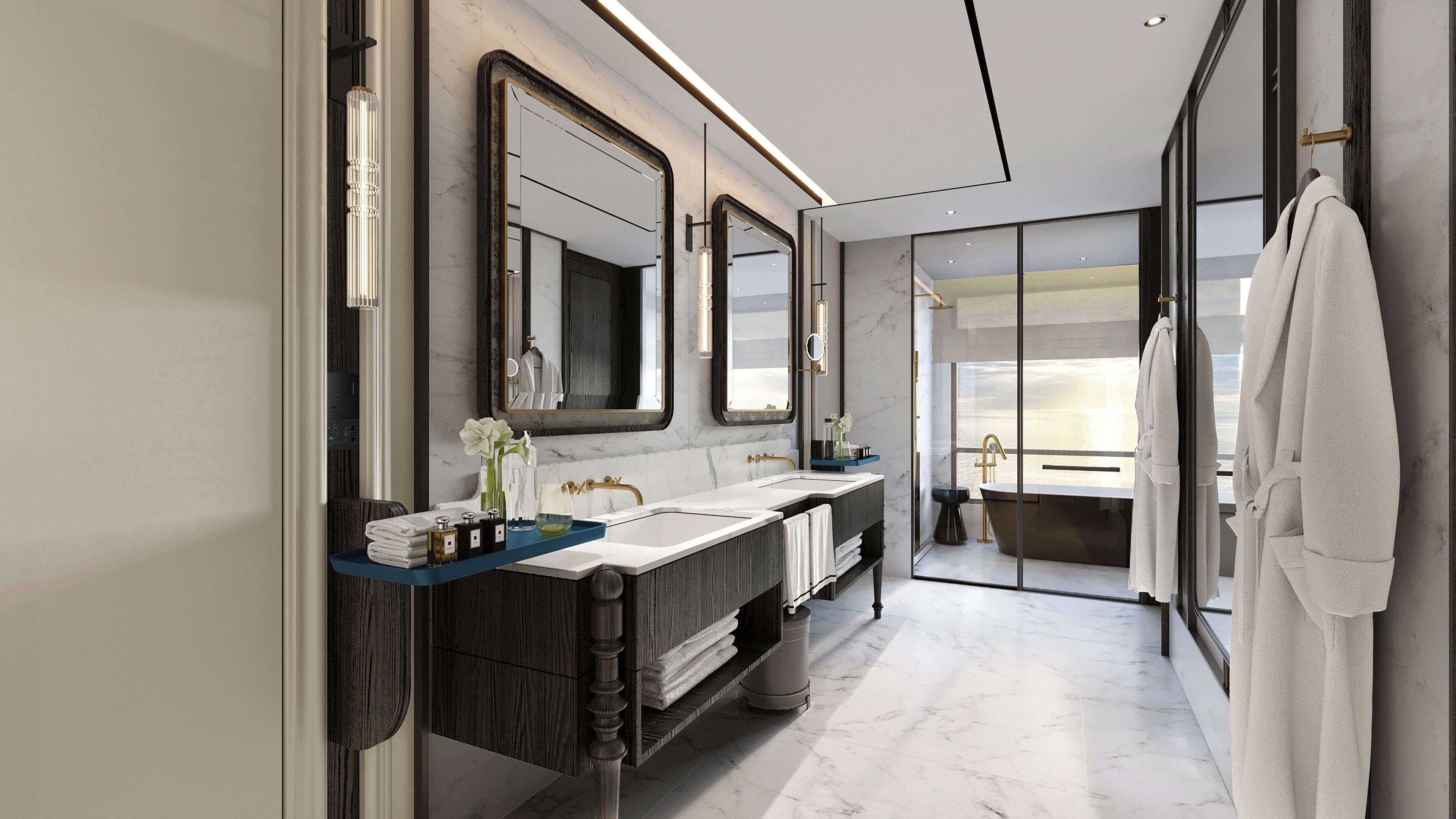 A modern bathroom with a large mirror, dual sinks, a bathtub, and a view of the sea.