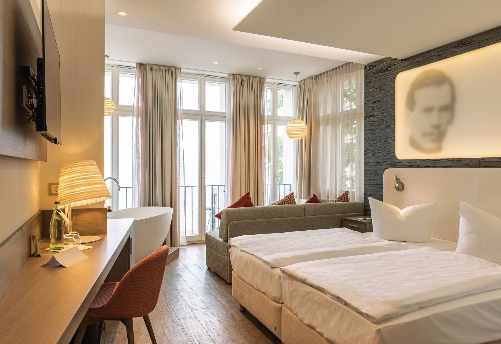 Hypo-allergenic bedding, down duvets, in-room safe