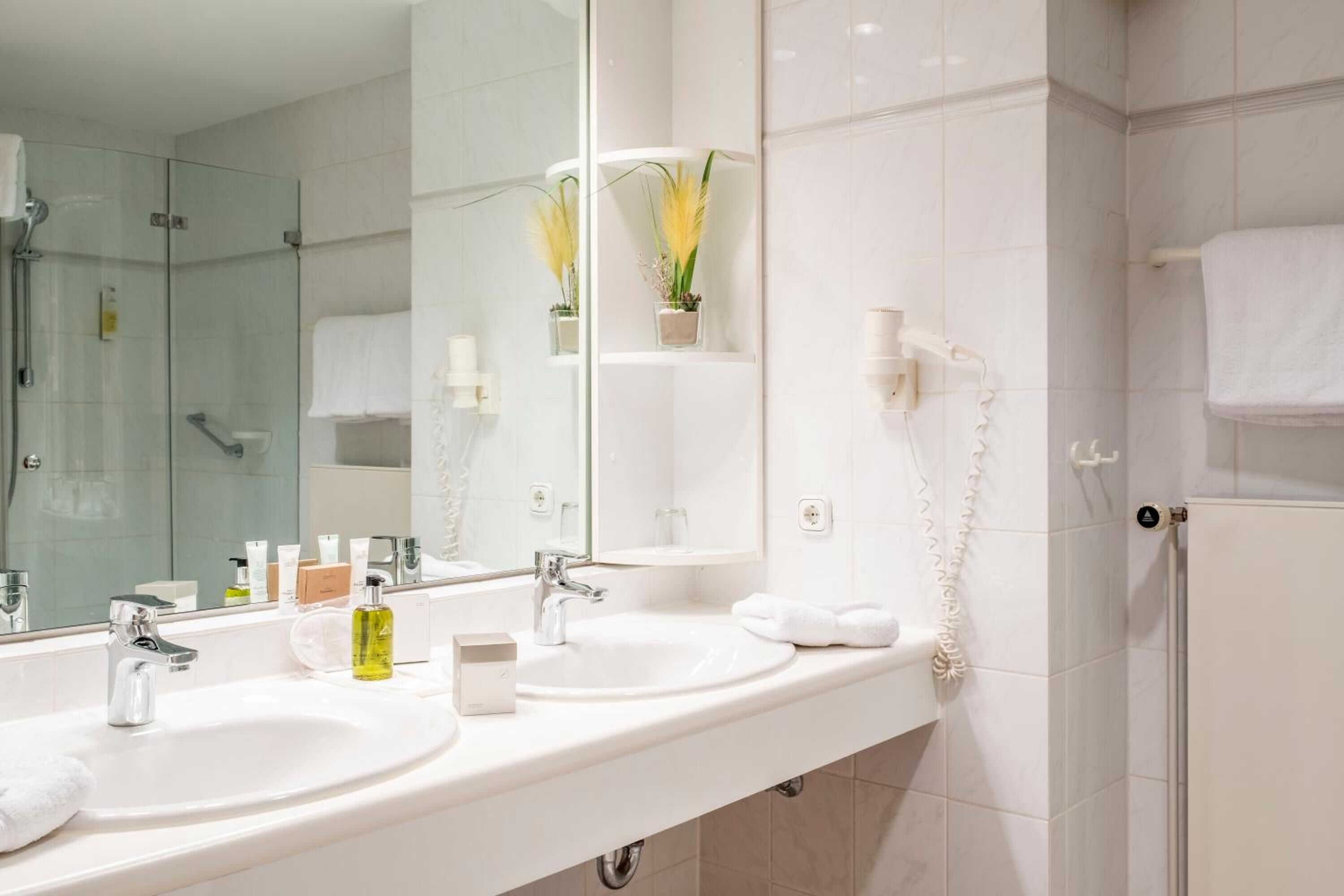 shower, hair dryer, bathrobes, slippers