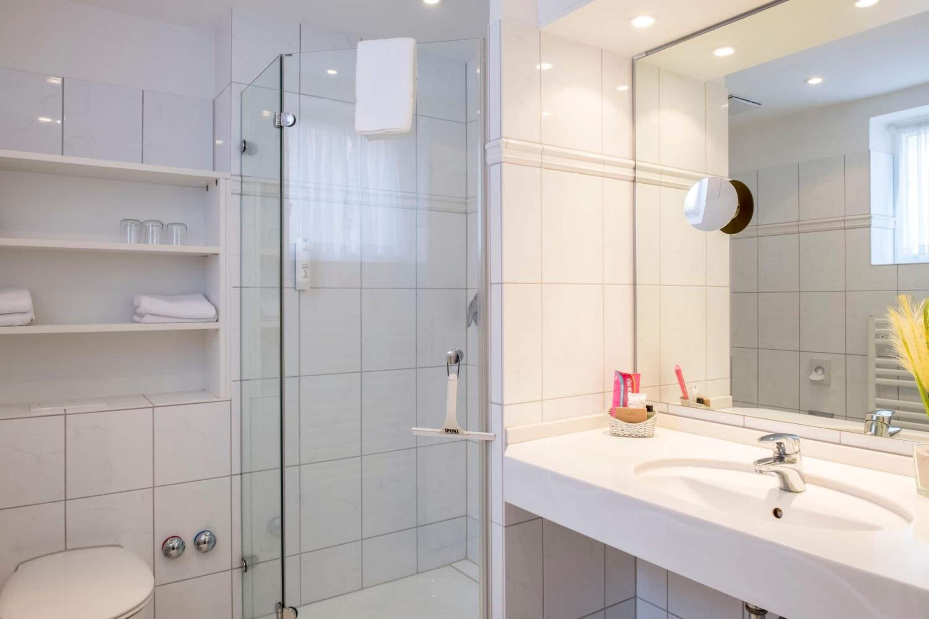 Une salle de bain moderne avec une douche à parois de verre, un lavabo blanc et un grand miroir.