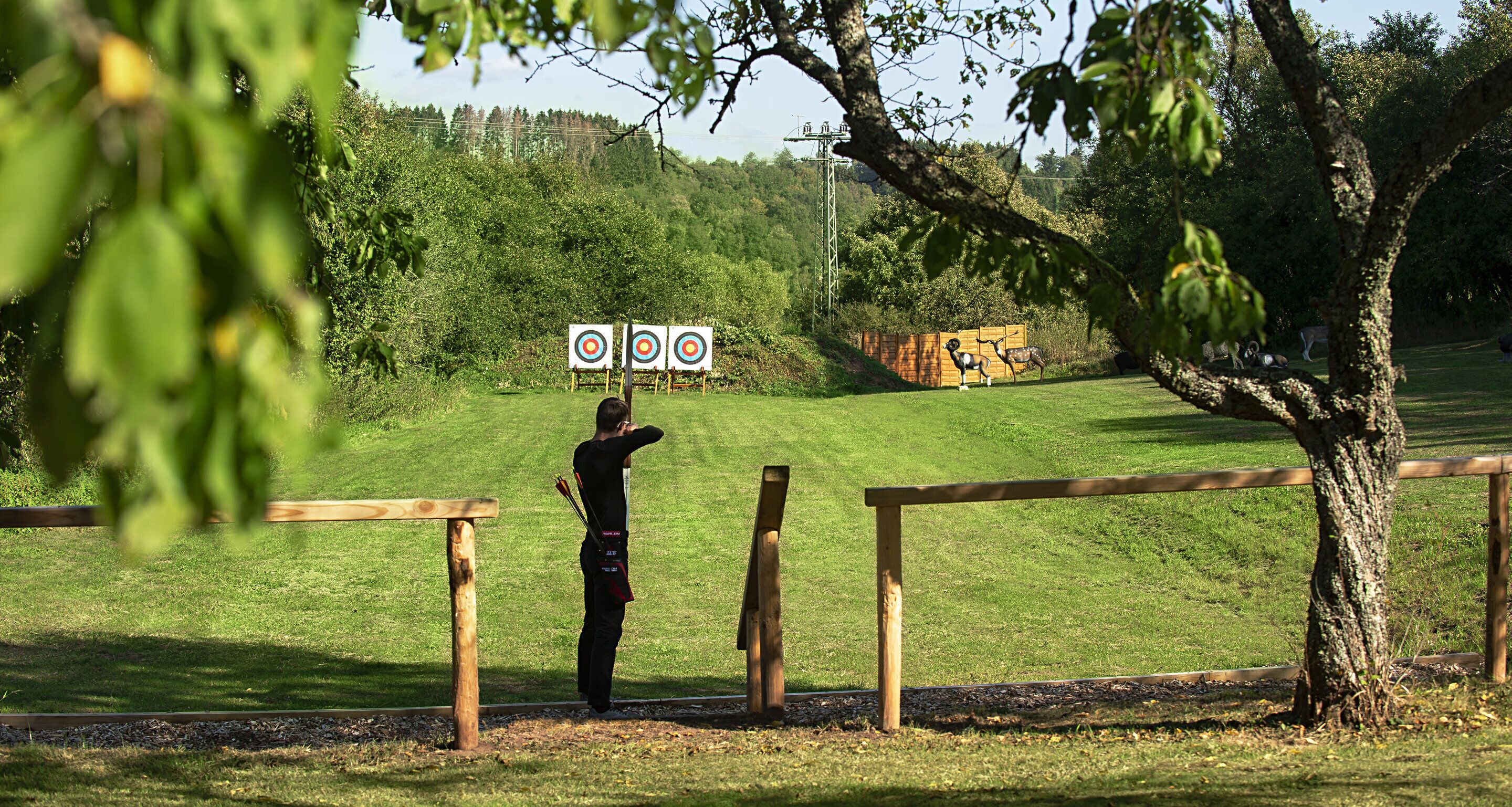 A person aiming at three targets in an outdoor setting with a wooden fence and trees in the background.