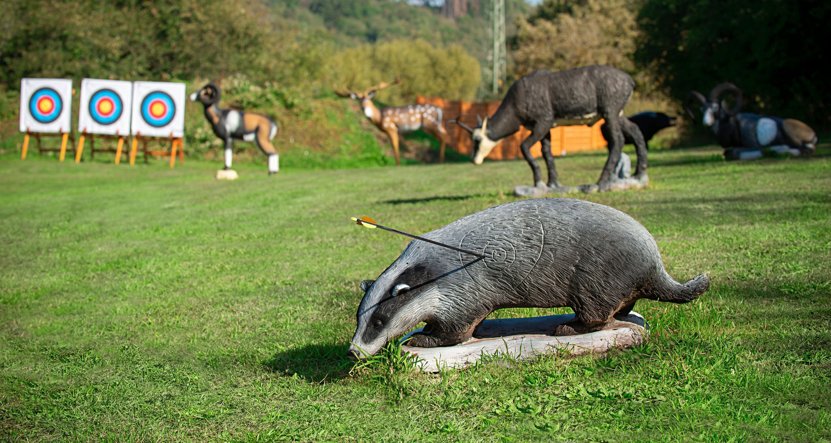 Un espacio al aire libre con temática de vida silvestre, que incluye blancos y esculturas de animales.