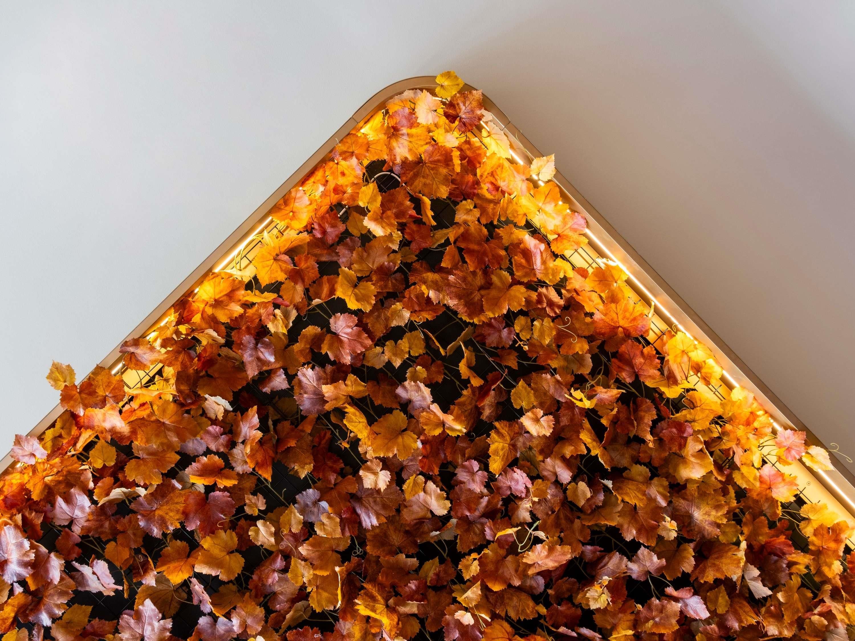 Une pièce dont le plafond est décoré de feuilles d’automne.