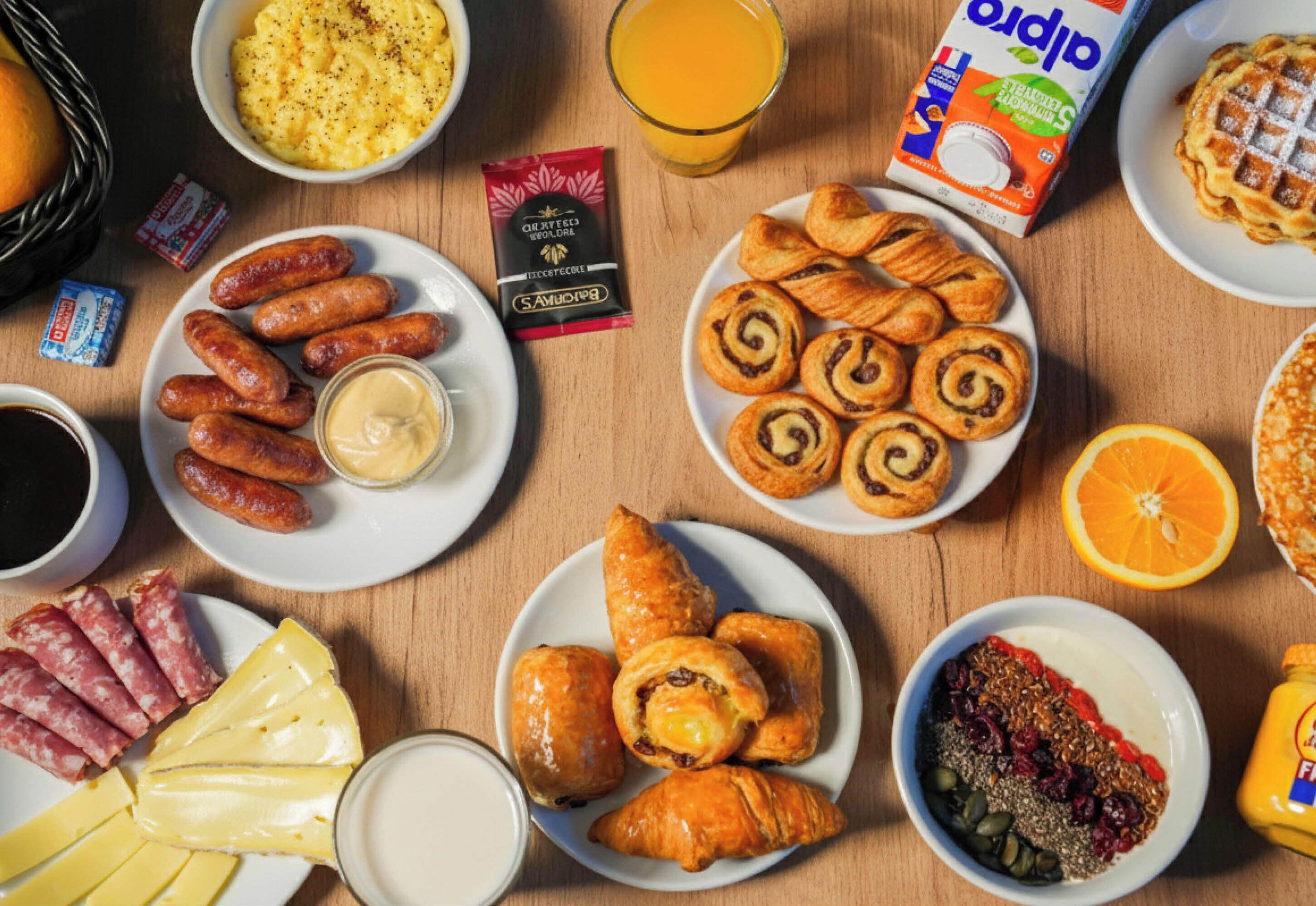 Una mesa de desayuno con diversos alimentos, incluyendo salchichas, pasteles, queso y un tazón de ensalada de frutas.