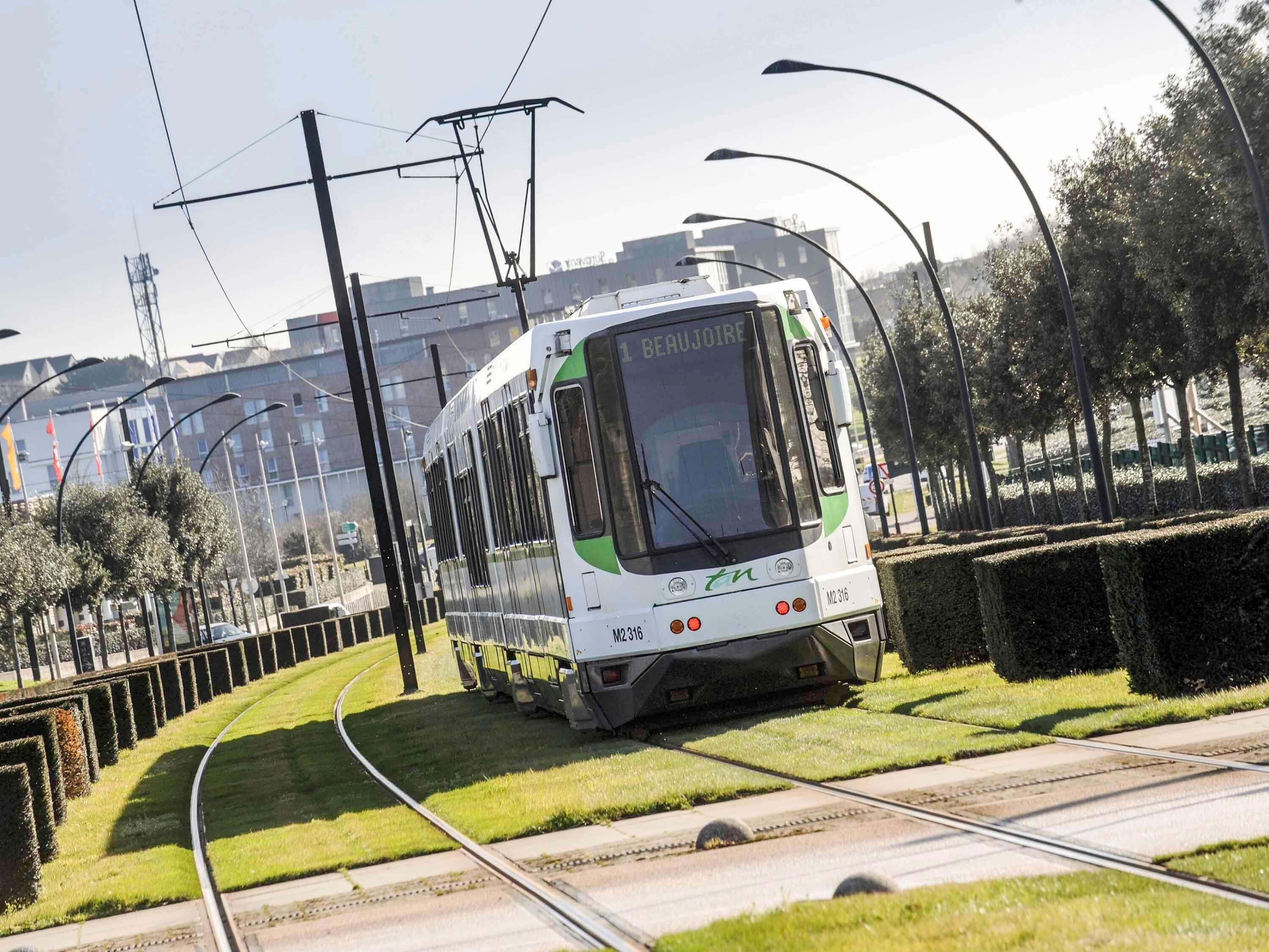 A tram on tracks with overhead wires, surrounded by greenery and buildings.
