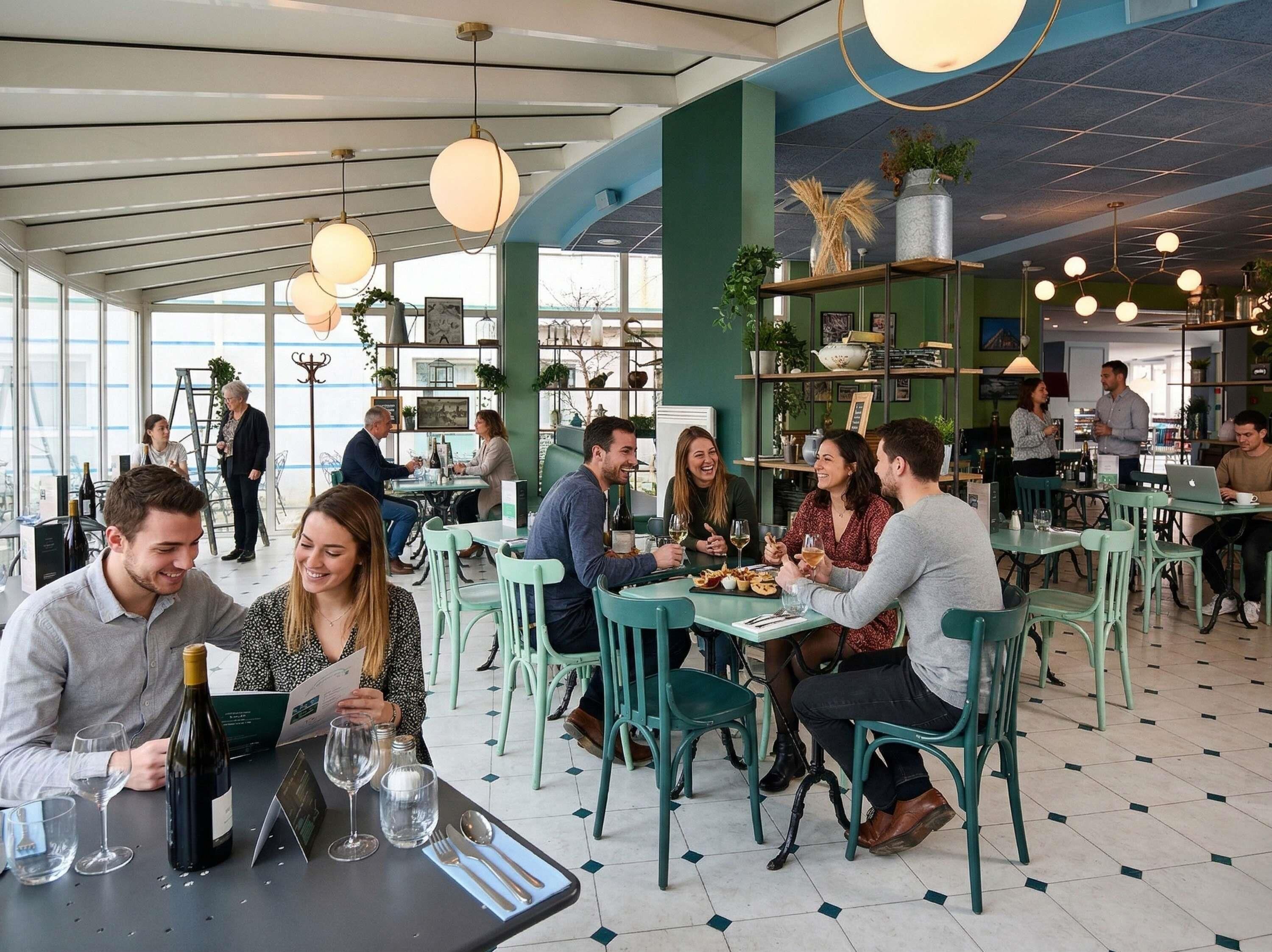 A restaurant with tables, chairs, and people dining.