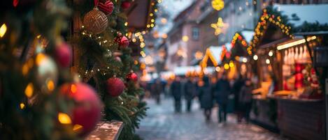 A Christmas market with stalls and a decorated Christmas tree.
