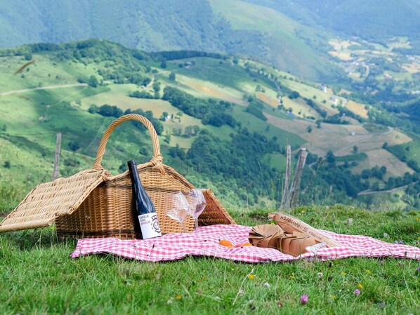 Un coin pique-nique avec un panier en osier, une bouteille et une nappe à carreaux, installé sur l’herbe, avec un paysage vallonné en arrière-plan.