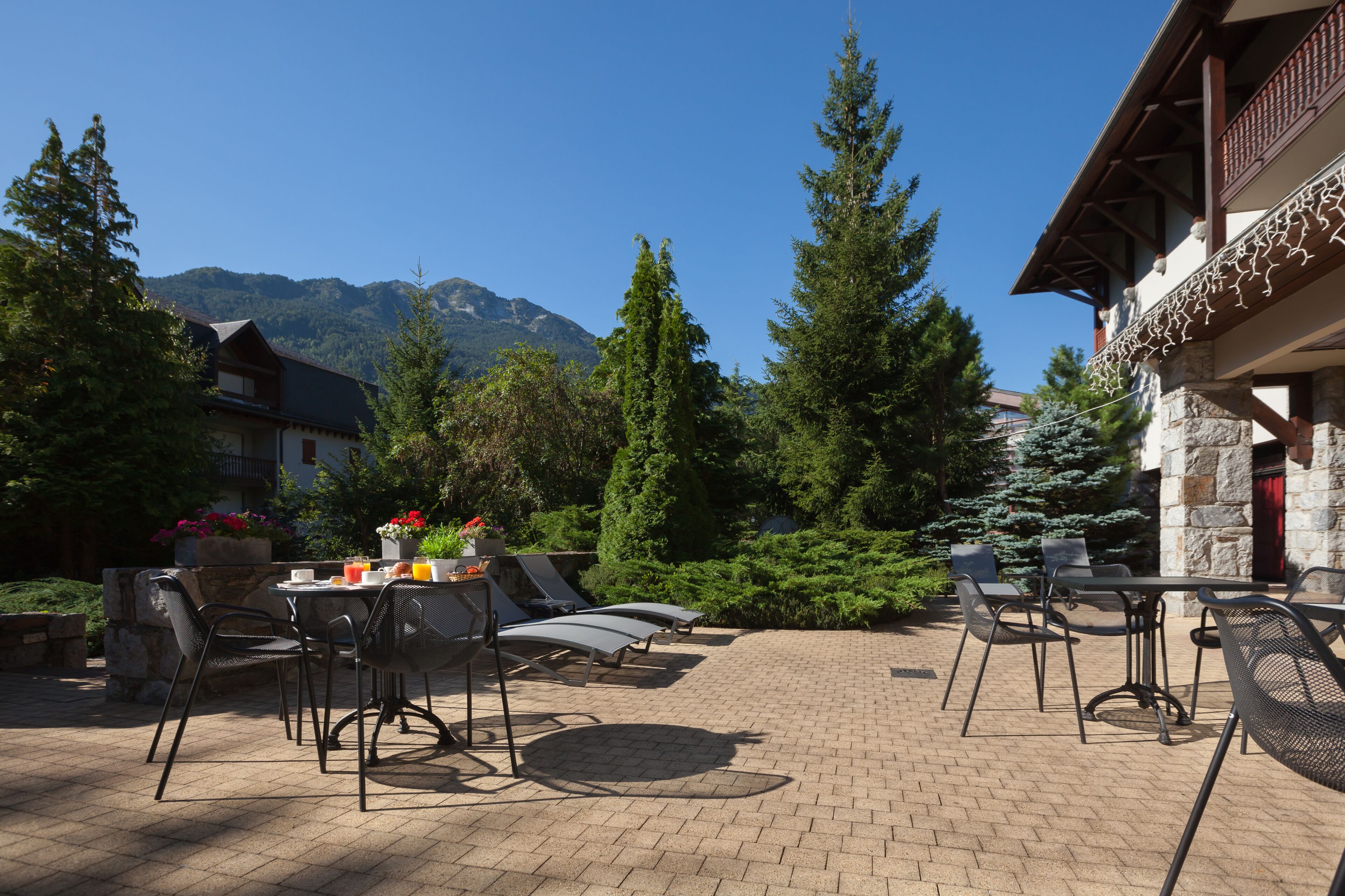 An outdoor patio area with a brick floor, surrounded by tall trees and a mountain in the background.